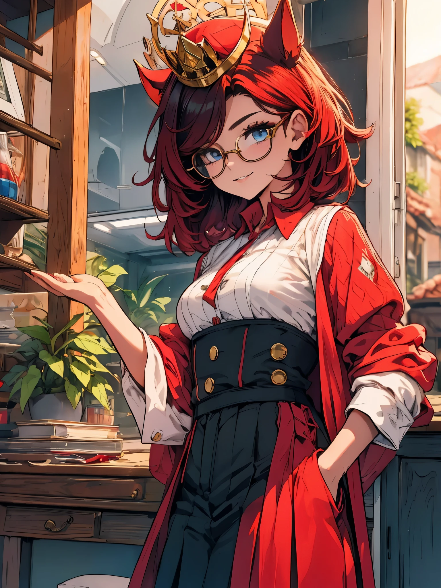 ((obra de arte, Melhor qualidade)), Aston Machan (umamusume),, Sorriso, Seios grandes, tronco, , mangas compridas, camisa branca, babados, Saia verde, button, coxas pretas, suspender, , glasses, glasses com armação vermelha, red hat crown, , olhos loucos, olho brilhante, ,  