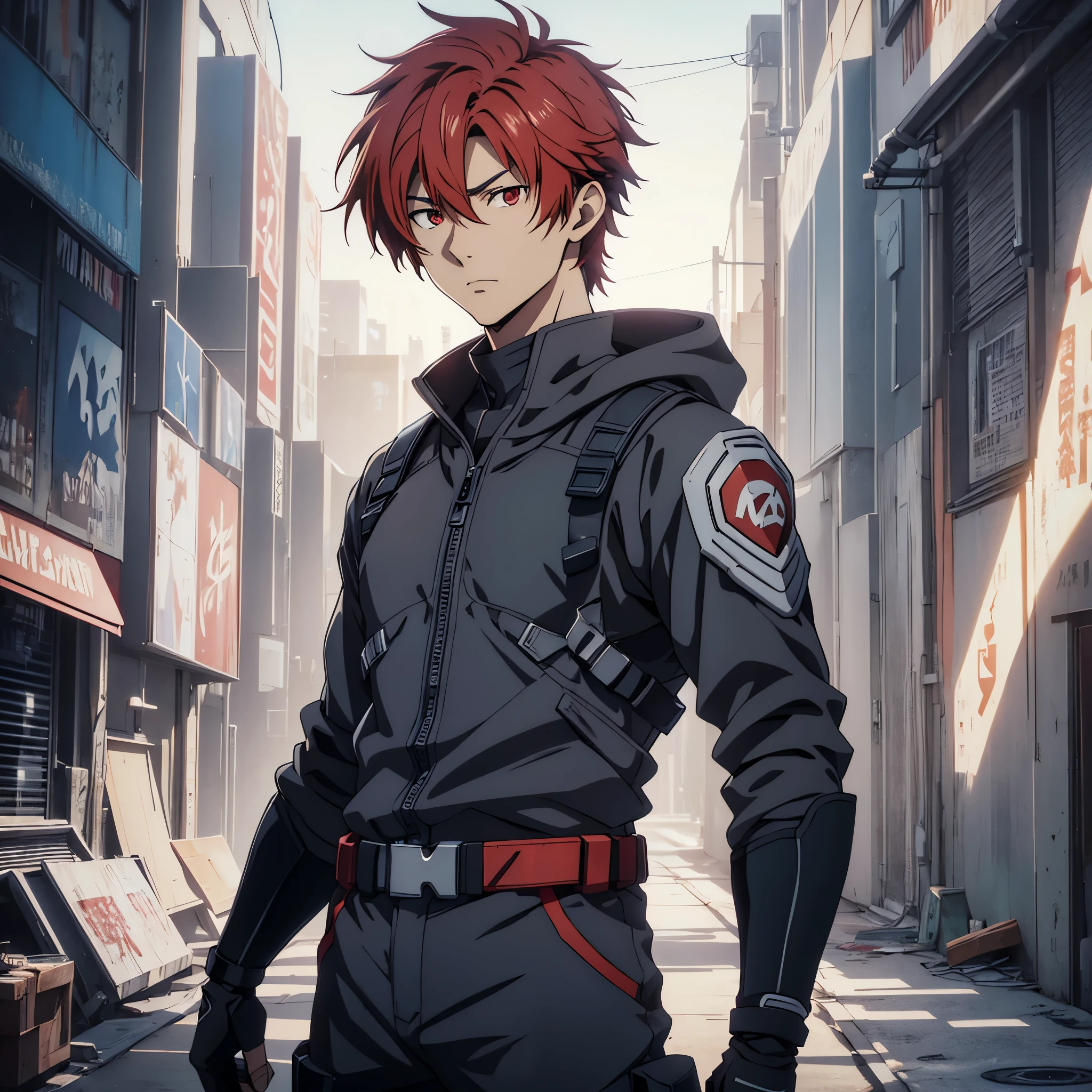 1 male, solo, red hair , 17 years old, anime character wearing combat suit, kaworu nagisa, anime handsome man, male anime character, tall anime guy with red eyes, hajime yatate, anime, fubuki, action anime pose, yukito kishiro, young anime man, official art, makoto kano, male anime style, masterpiece, rtx, ray tracing, highly detailed, best quality, official art