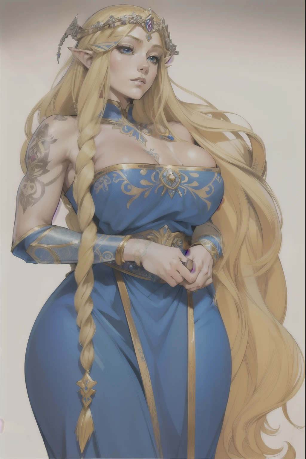 Realistic woman with long blonde hair and tattoos, portrait knights of zodiac girl, portrait of princess zelda, highly detailed exquisite fanart, blonde anime girl with long hair, portrait of zelda, hyperborea princess, ((a beautiful fantasy empress)), princess zelda, blonde - haired princess, detailed anime character art, anime character; full body art