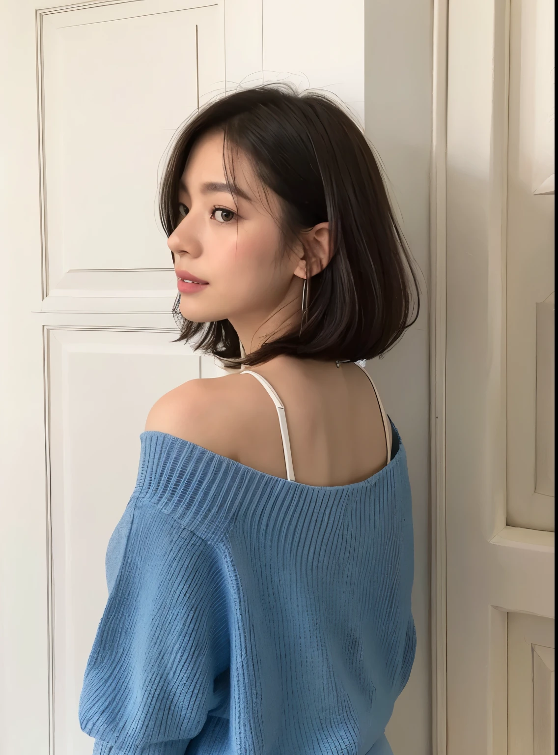 (white wall in the background、Taken in front of the white door:1.4)、table top、((highest quality、8K、masterpiece:1.3))、ultra high resolution、(photogenuineistic:1.4)、Raw photo、Japanese,(face)、genuine、Photographed in natural light、Highly detailed face and skin texture、highly detailed lips、correct state of the human body、shortcut、very short hair、straight hair、back view、bob