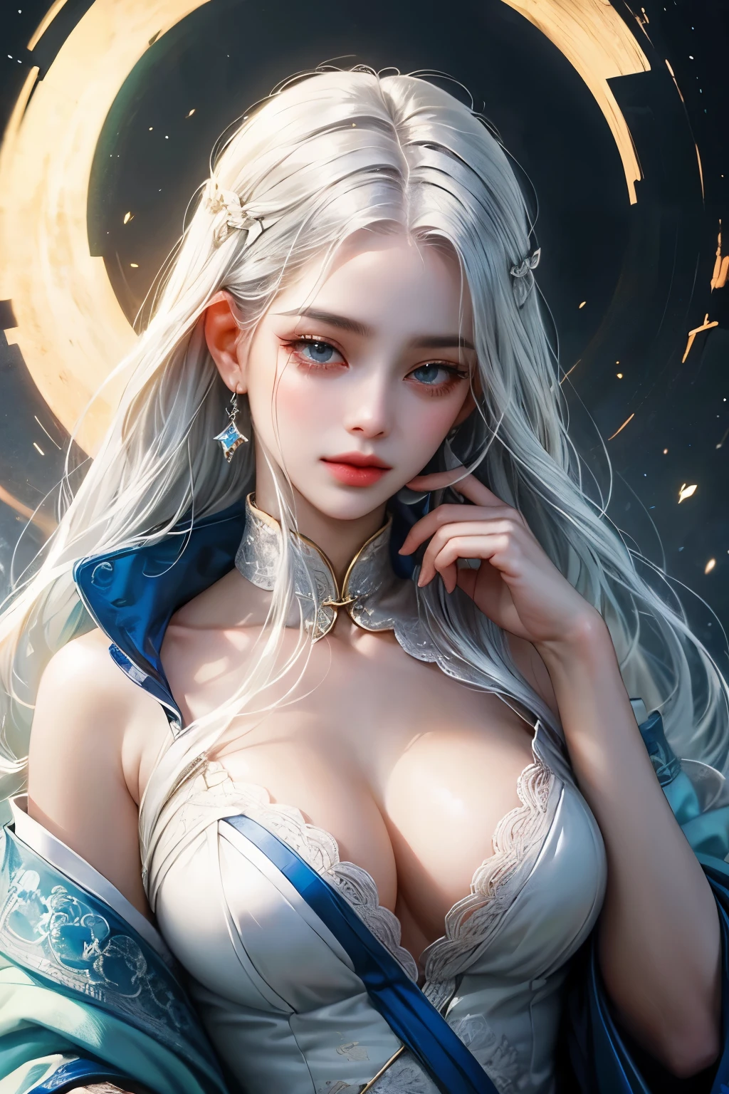 Close-up of a woman with white hair and white mask, beautiful figure painting, Guvitz, Guwiz style artwork, white-haired god, Yang J, epic fine character art, stunning character art, Fan Qi, Wu Jun Shifan, Guwiz in Pixiv Art Station, (NSFW: 1.0)