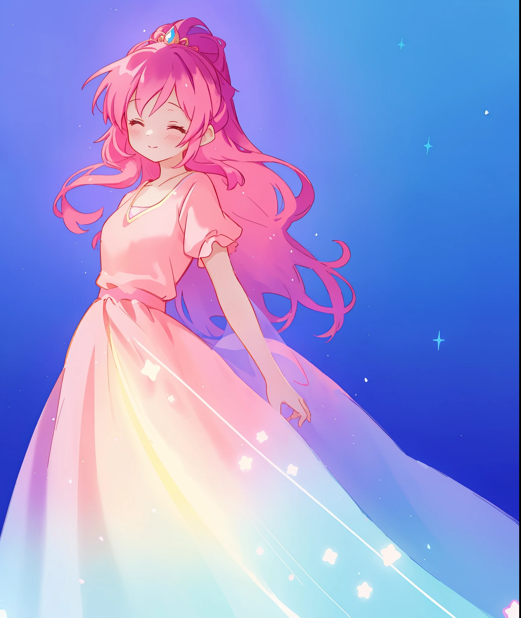 beautiful girl in sparkling flowing gradient fantasy princess ballgown, long flowing dark pink hair, colorful fantasia background, watercolor illustration, disney art style, glowing aura around her, glowing lights, beautiful digital illustration, beautiful, masterpiece, best quality, anime disney style