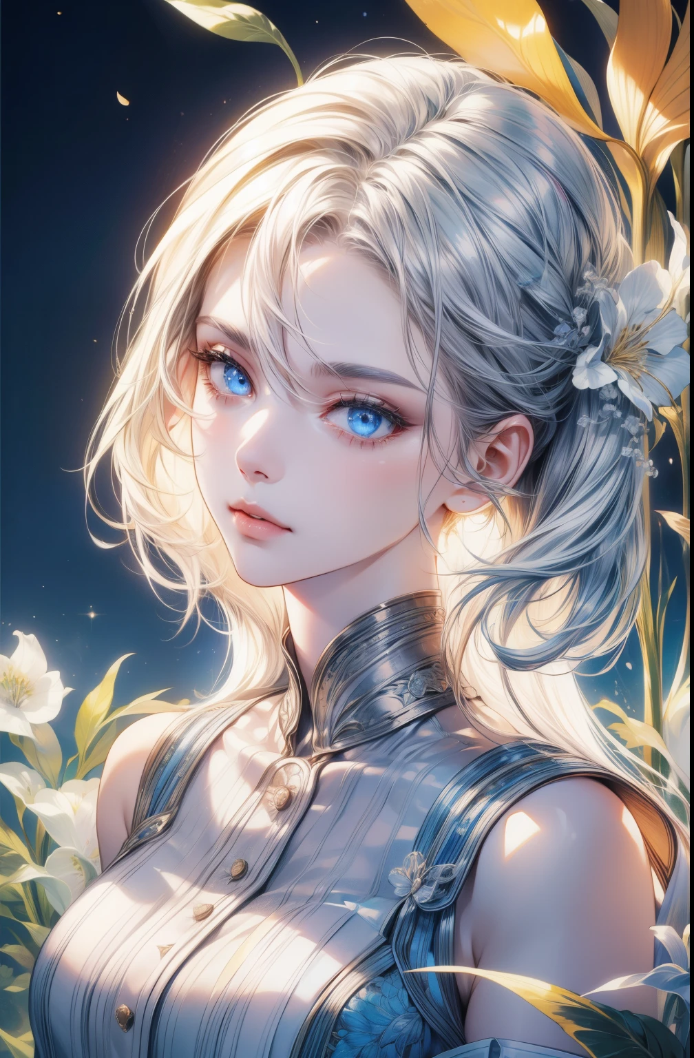 (a girl with) silver hair, (a) close-up portrait, (with) fair skin, (with) symmetrical eyes, (with) intricately detailed eyes, (with) shimmering sky blue eyes, (wearing) golden hair accessory, (against a) mosaic patterned background, (lit by a) spotlight, (with) high contrast, (featuring) eye-catching shadows, (with) detailed shading, (creating) a perfectly crafted artwork, a masterpiece, (with) top quality, (showcasing) high image resolution