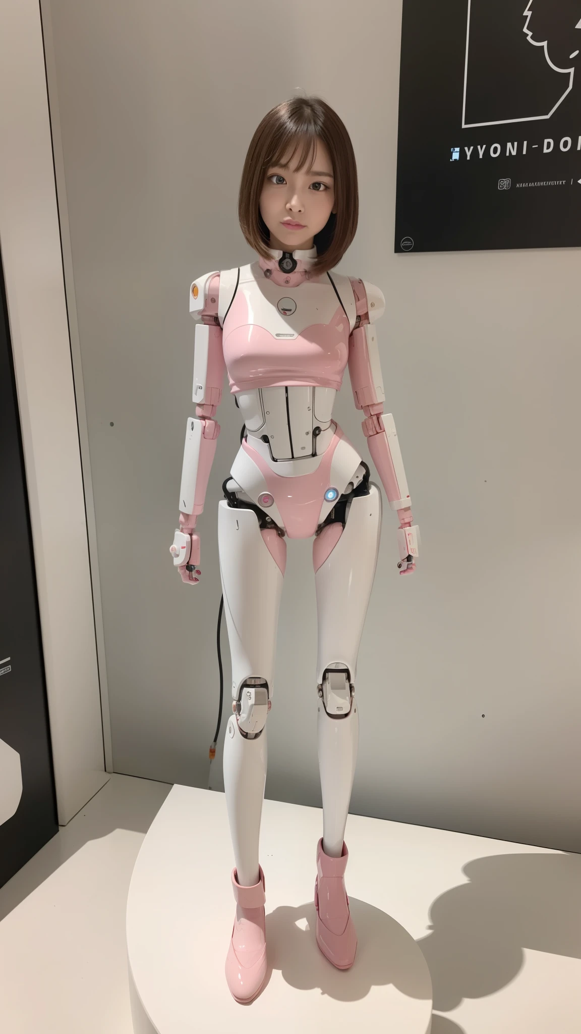 masterpiece, best quality, extremely detailed, (8K, 4K, Best Quality, Hight resolution, 超A high resolution:1.1), 8K portrait,1girl in, Japanese android girl, android teacher, control panels, android, Droid, Mechanical Hand, ,Robot arms and legs, Black hair, Mechanical body, Blunt bangs, Pink Robotics Parts, perfect robot woman, Charging spot, Long Tube, A thick cable was connected to her neck, ceramic body , android, robot humanoid, panty, full eyes, perfect mechanical body, pink robotics body, future assembly plant, Pink body, She has repaired, lack sponge joints, android assembly plant, android, laboratory, platform boots, perfect machine body, pink robot body