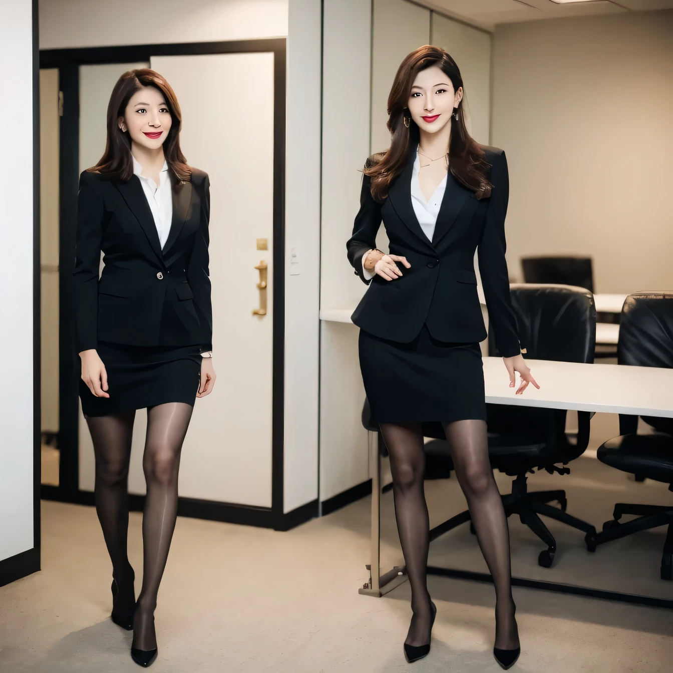 high quality,最high quality,visible all over,sophisticated facial features,nice face,white long hair,being thin,stockings,lace pantyhose,tight suit,office lady uniform,perfect body shape,high heels,sexy and excited,Biggest,Tight Skirt,At the office,Huge ,shirt,Three beautiful Korean women,expose her breasts,long legs,thin legs,smile