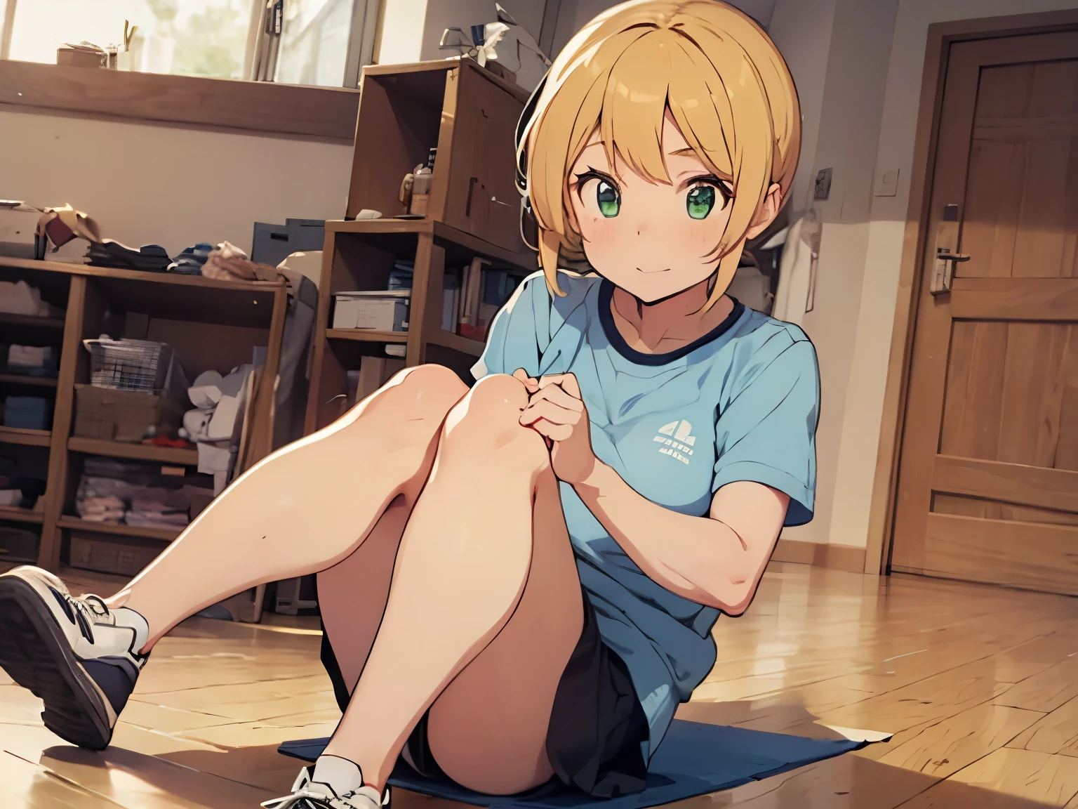 anime style, Ellen Baker, beautiful, green eyes, blonde hair, sportswear, Flexion and extension exercises, soft exercise, Jersey, Beautiful leg lines, gym (masterpiece:1.2), (lively:1.2), very detailed, perfect art, killing time