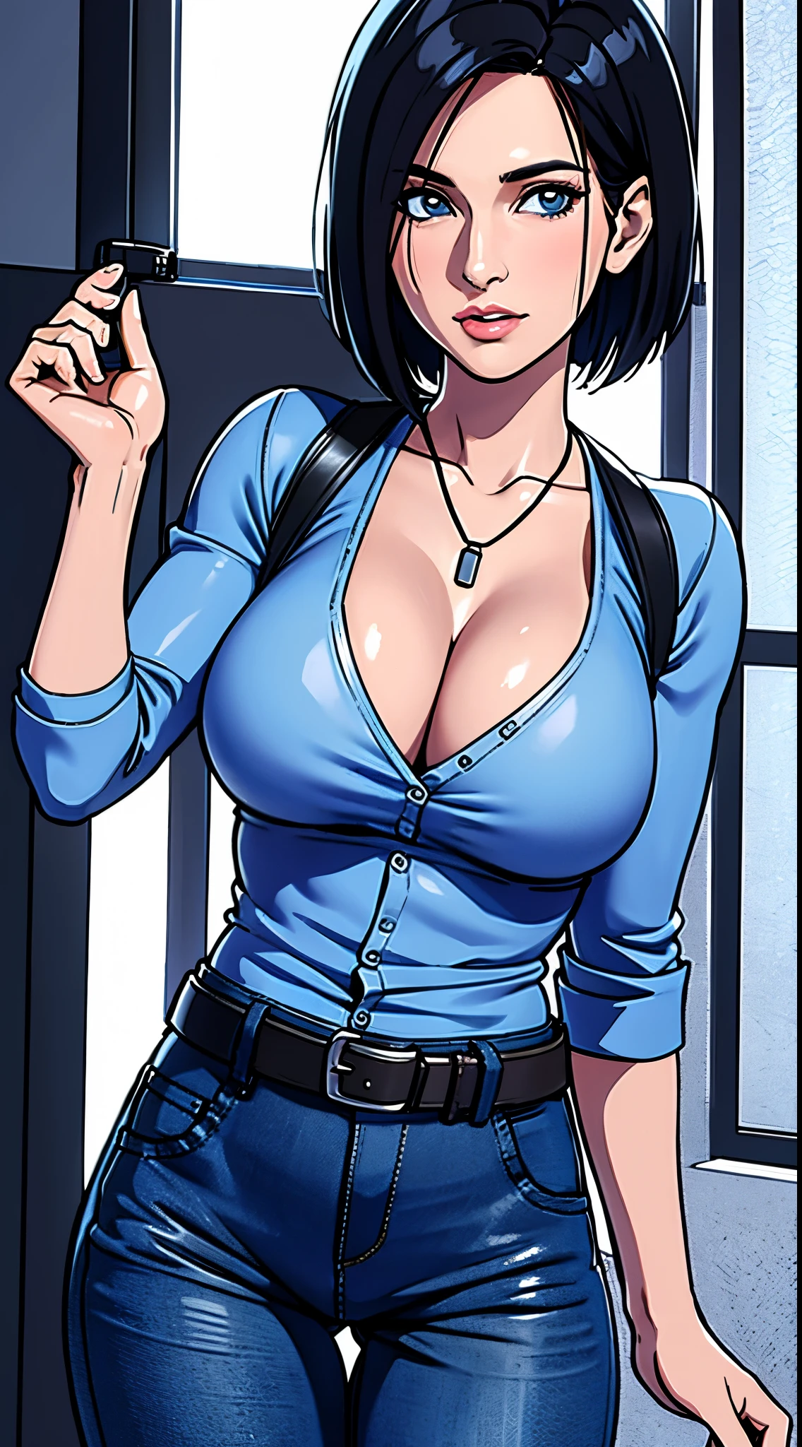 photorealistic, high resolution, 1women, mature female, solo, hips up, black hair, short hair, longsleeve blue shirt, belt, pants, police, cleavage, (downblouse), necklace,Jill Valentine - Resident Evil Series