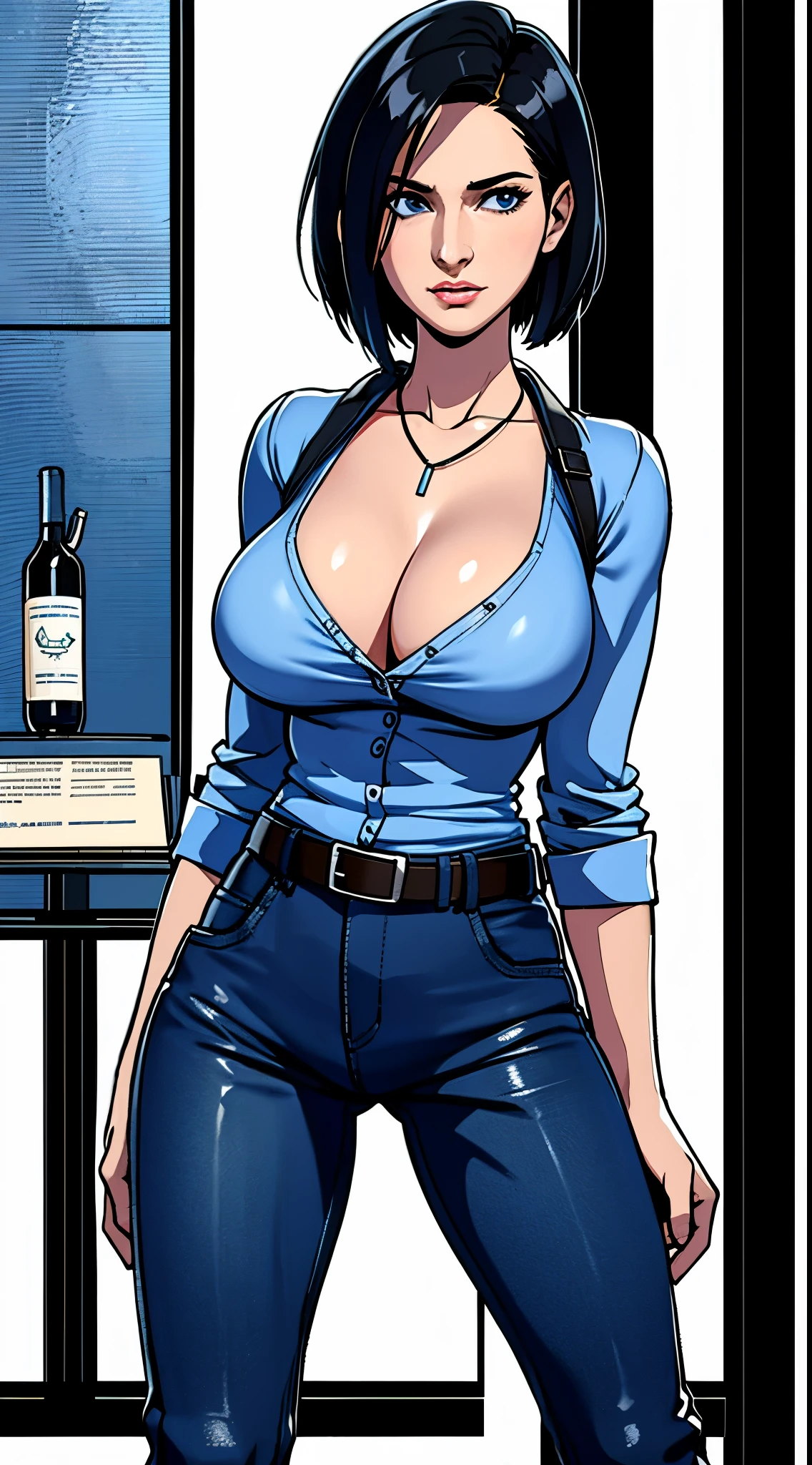 photorealistic, high resolution, 1women, mature female, solo, hips up, black hair, short hair, longsleeve blue shirt, belt, pants, police, cleavage, (downblouse), necklace,Jill Valentine - Resident Evil Series