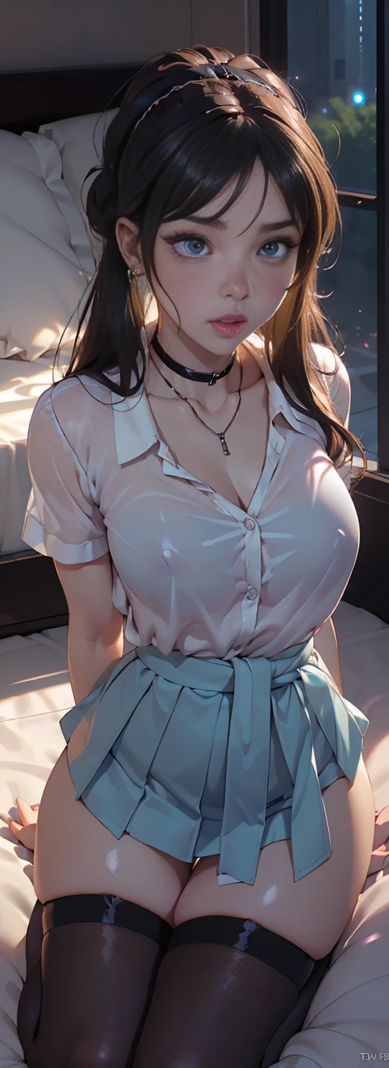 (masutepiece: 1.3), (max resolution: 1.2), (Ultra HDTV: 1.2), a girl on her knees, kneeling obedient slut, collar, leash, tongue out, cumshot pose, ahegao ((arms_behind_her_waist:1.4)),cinematric light, 8K resolution, Detailed eyes and skin, detailed facial features, , (Sharp Focus: 1.2), (Focus on Face:1.2),Perfect Style, Beautiful face, acurate, Anatomically correct, ノ Highly detailed facial and skin texture, Detailed eyes, Double eyelids, Thin eyebrows, Glitter Eyeliner: 1 Natural cheeks, Glossy skin, Fair skin: 1.2, (Glossy lips: 1.4),、 (Shy look: 1.2),Highly detailed facial and skin texture, Detailed eyes, Double eyelids, Natural cheeks, , shiny lips: 1.4,Exposed cleavage、Sperm taken、Overflowing sperm、Flowing sperm、 red blush、humiliated、impatience、dismay、Frightened、glares、Sexually arousal、Provocation、embarrassed from、Open knees、lingarie、short skirt, Shiny little earrings and necklaces、Disheveled clothes、Dressing、Exposed panties、Wearing sweat、sodden、Sheer underwear、Stockings、 18 instars, Neat and clean woman,1 persons、 upturned breasts, Bedroom、sitting on a bed、deep in the night、sexy pose、a blond、A dark-haired、Blue ash eyes、pig tails, Green ash eye,(Girls' High School Uniform:1.5)、Glares、full of sweat、, (on back, laying down on the bed, lyin in bed, Lying down, White sheets:1.3)、Masturbation behavio、ahegao, tongue out, ahegao eyes