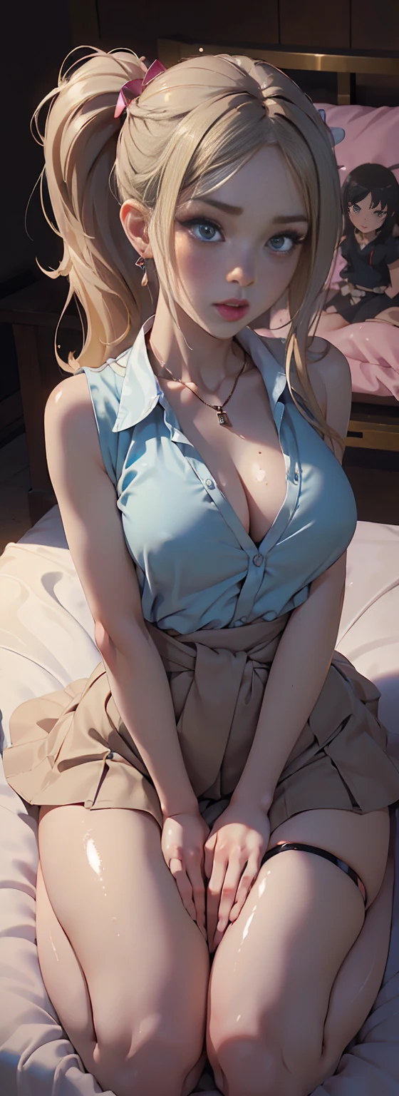 (masutepiece: 1.3), (max resolution: 1.2), (Ultra HDTV: 1.2), a girl on her knees, kneeling obedient slut, collar, leash, tongue out, cumshot pose, ahegao ((arms_behind_her_waist:1.4)),cinematric light, 8K resolution, Detailed eyes and skin, detailed facial features, , (Sharp Focus: 1.2), (Focus on Face:1.2),Perfect Style, Beautiful face, acurate, Anatomically correct, ノ Highly detailed facial and skin texture, Detailed eyes, Double eyelids, Thin eyebrows, Glitter Eyeliner: 1 Natural cheeks, Glossy skin, Fair skin: 1.2, (Glossy lips: 1.4),、 (Shy look: 1.2),Highly detailed facial and skin texture, Detailed eyes, Double eyelids, Natural cheeks, , shiny lips: 1.4,Exposed cleavage、Sperm taken、Overflowing sperm、Flowing sperm、 red blush、humiliated、impatience、dismay、Frightened、glares、Sexually arousal、Provocation、embarrassed from、Open knees、lingarie、short skirt, Shiny little earrings and necklaces、Disheveled clothes、Dressing、Exposed panties、Wearing sweat、sodden、Sheer underwear、Stockings、 18 instars, Neat and clean woman,1 persons、 upturned breasts, Bedroom、sitting on a bed、deep in the night、sexy pose、a blond、A dark-haired、Blue ash eyes、pig tails, Green ash eye,(Girls' High School Uniform:1.5)、Glares、full of sweat、, (on back, laying down on the bed, lyin in bed, Lying down, White sheets:1.3)、Masturbation behavio、ahegao, tongue out, ahegao eyes