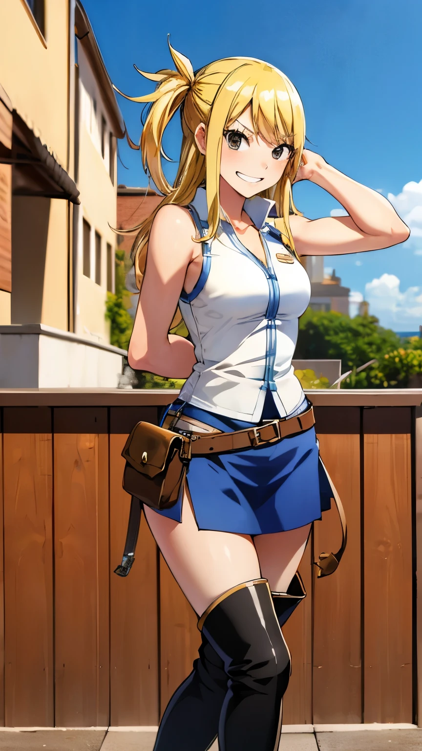 (masterpiece, best quality:1.2), solo, 1girl, lucy heartfilia, grin, looking at viewer, arms behind back, blue sleeveless shirt, very mini skirt, belt pouch, thigh boots, full body pict, full photo shoot,