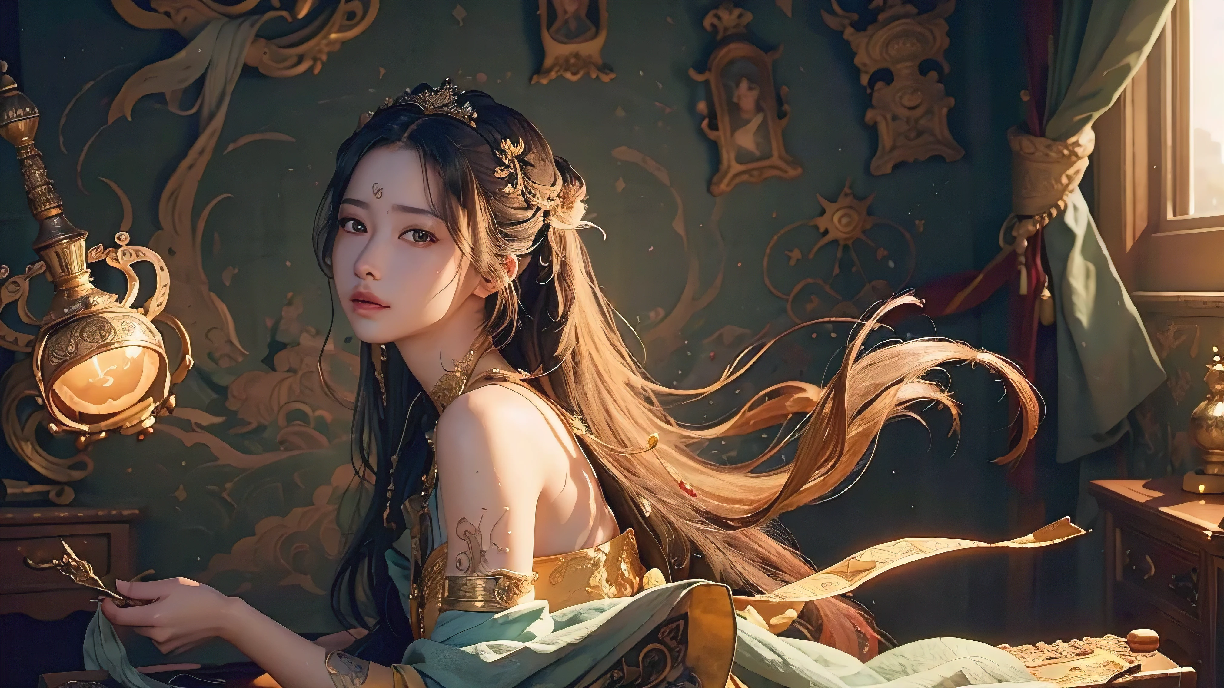 (original photo, best quality), (actual, photo-actual:1.3),best quality,Very detailed,masterpiece,super detailed,illustration,1 girl,Predominant_Body,dynamic angle,world masterpiece theater,messy_long_hair,best quality,Extremely detailed CG unified 8K wallpaper,ink,amazing,movie lighting,lens_flare,,Dunhuang_style