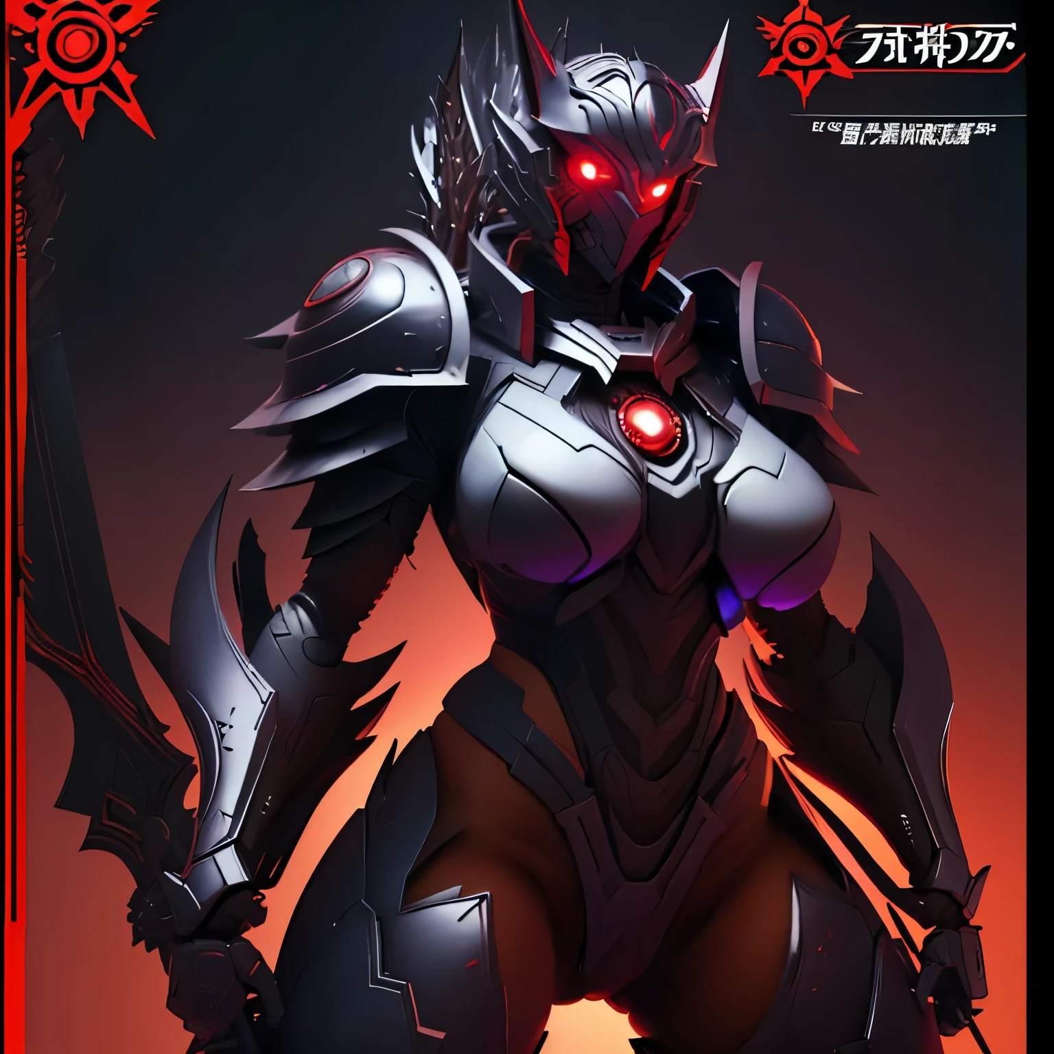 ((Write the word: "Bosstercore" in a logo at bottom)). Guts armor from Berserk references, gantz  reference. Sexy mecha girl with round tits, sexy body. big sword. Red eyes, full body, sexy pose. Round ass, slim waist, camel toe