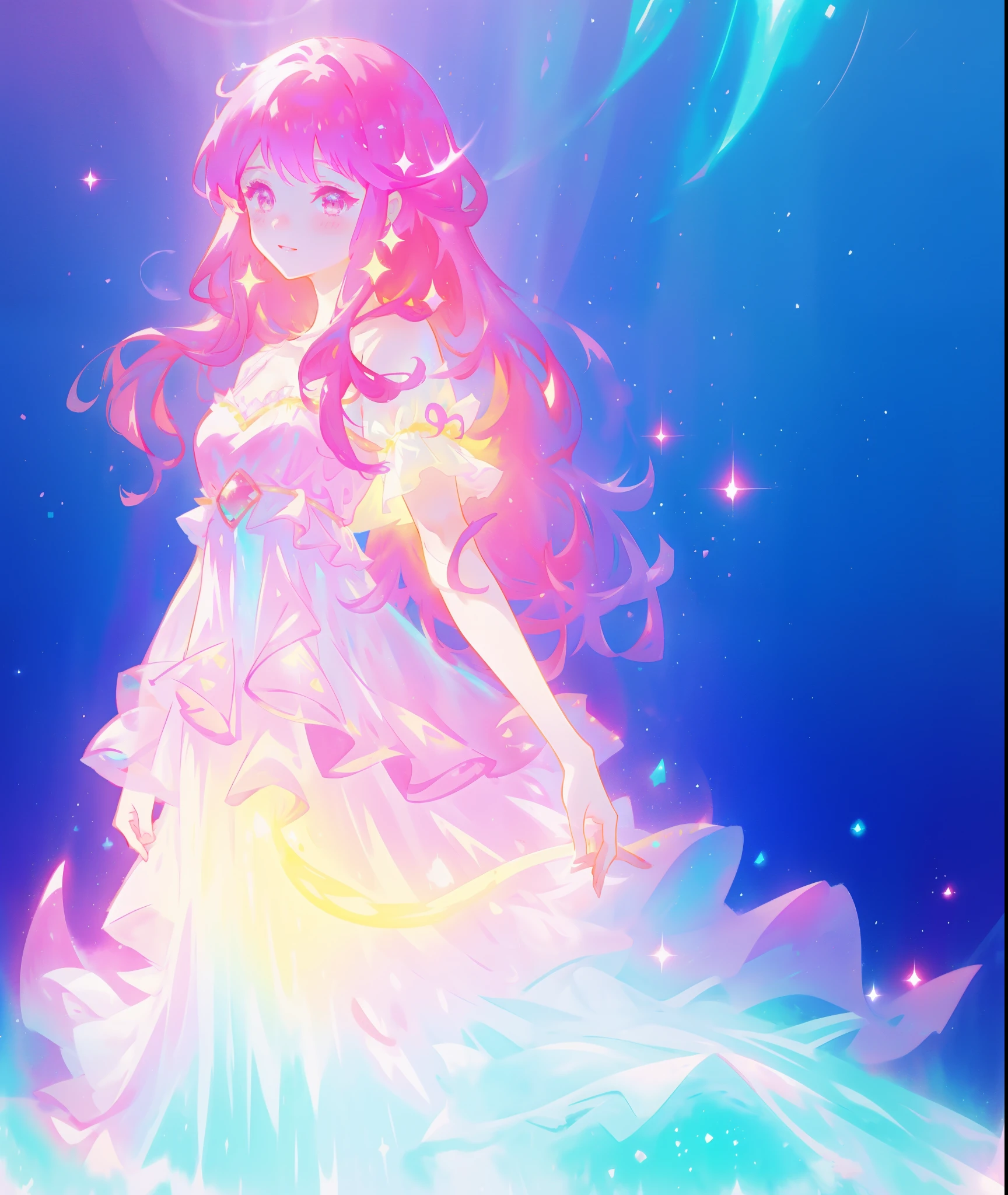 beautiful girl in sparkling gradient layered fantasy princess ballgown, long flowing dark pink hair, colorful fantasia background, watercolor illustration, disney art style, glowing aura around her, glowing lights, beautiful digital illustration, beautiful, masterpiece, best quality, anime disney style