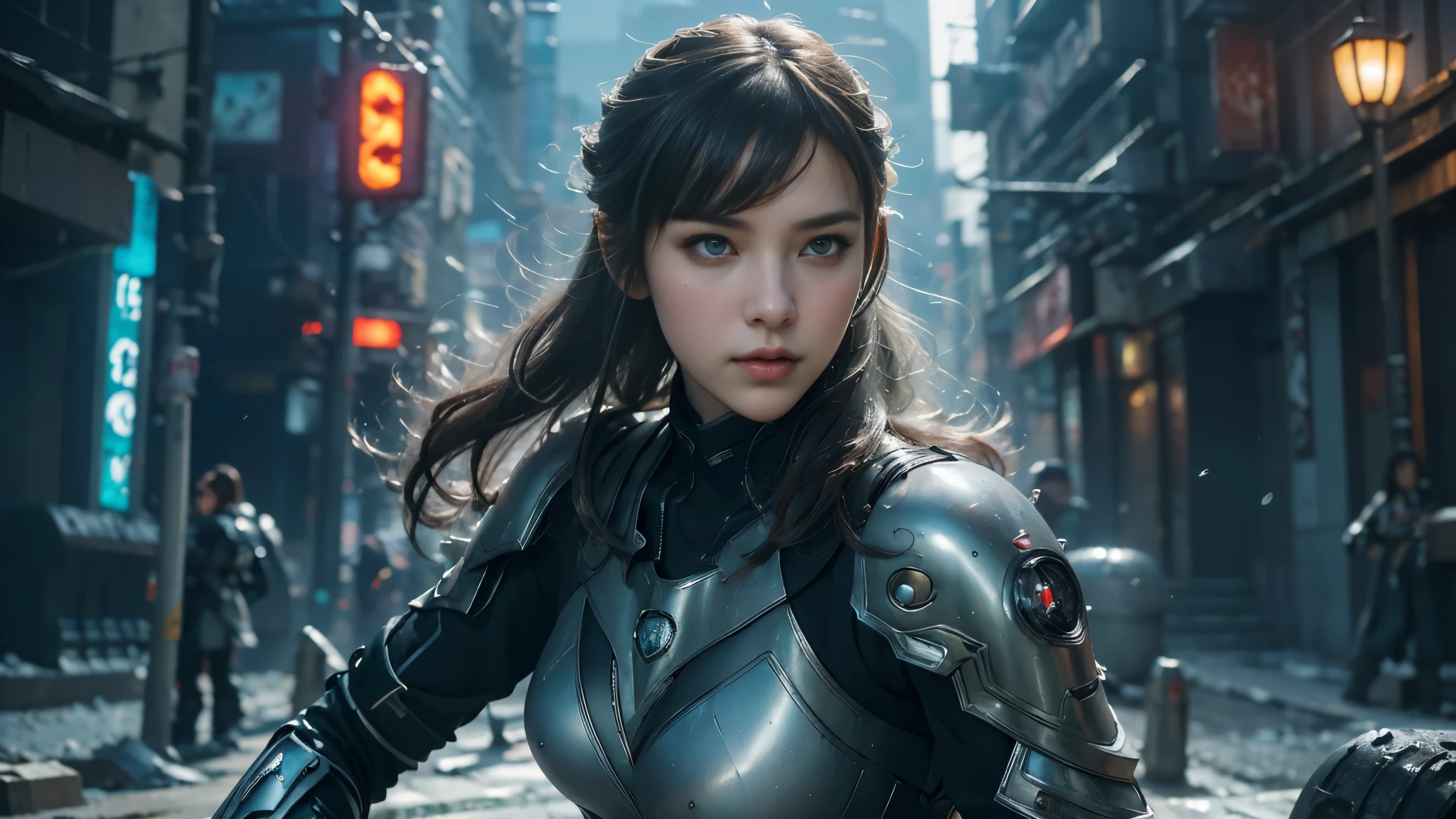 masterpiece,best quality,high resolution,8k,(portrait photo:1.5),(R original photo),real picture,digital photography,(Combination of cyberpunk and fantasy style),(female soldier),20 year old girl,Random hairstyle,through bangs,(red eye breasts, Accessories,Keep your mouth shut,Elegant and charming,Serious and arrogant,Calm and handsome,(Cyberpunk combined with fantasy style clothing,hollow-carved design,joint armor,photo poses,Realistic style,gray world background,oc render reflection texture，sentry
