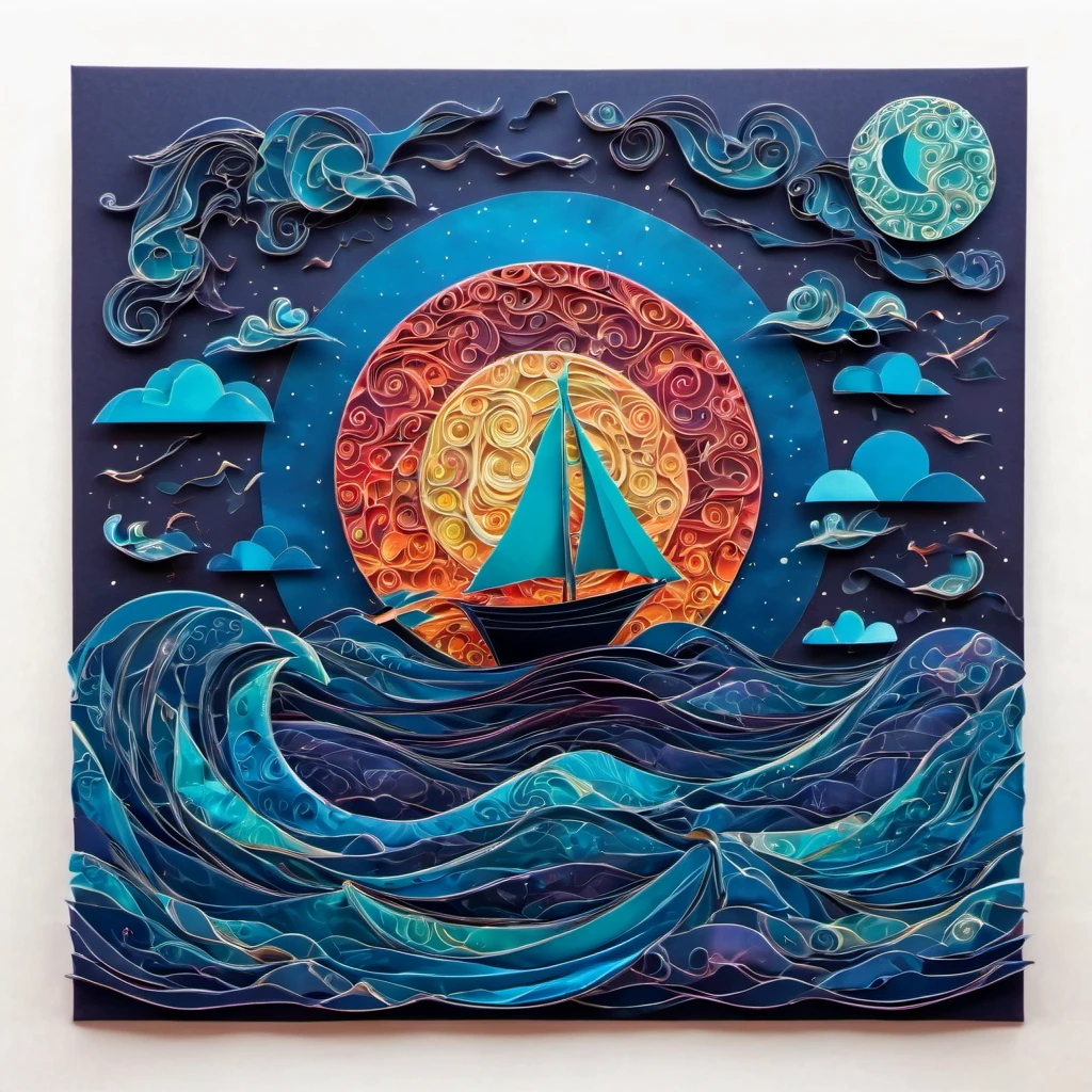 (best quality, highres, ultra sharp), magical reflections on the water, moon, clouds, small ship, about the curvature of space time, origami sea, zentangle lines, art decostyle ship, full colored, 3d crunch, dark tones,