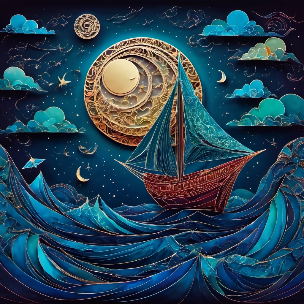 (best quality, highres, ultra sharp), magical reflections on the water, moon, clouds, small ship, about the curvature of space time, origami sea, zentangle lines, art decostyle ship, full colored, 3d crunch, dark tones,