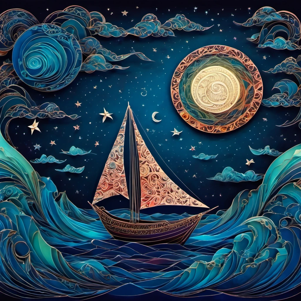 (best quality, highres, ultra sharp), magical reflections on the water, moon, clouds, small ship, about the curvature of space time, origami sea, zentangle lines, art decostyle ship, full colored, 3d crunch, dark tones,