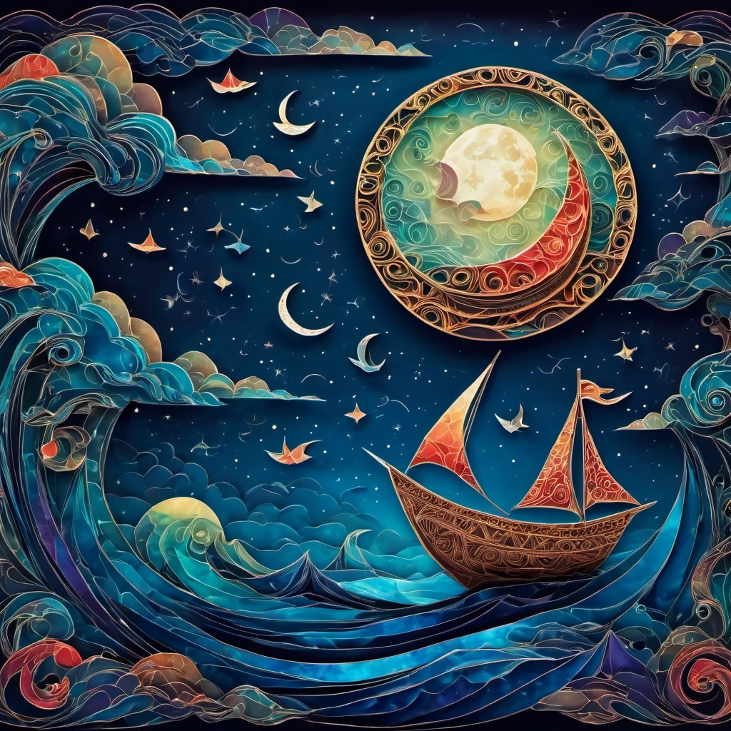 (best quality, highres, ultra sharp), magical ((reflections on the water)), moon, clouds, small ship, about the curvature of space time, origami sea, zentangle lines, art decostyle ship, full colored, 3d crunch, dark tones,