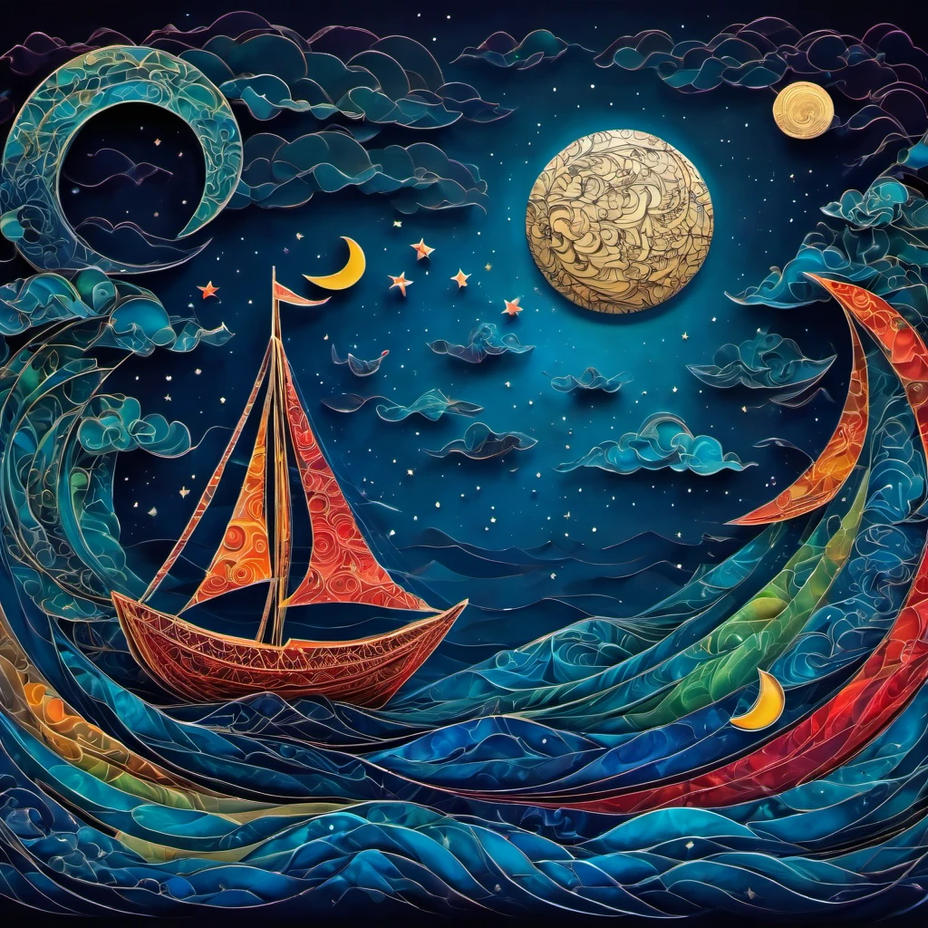 (best quality, highres, ultra sharp), magical ((reflections on the water)), moon, clouds, small ship, about the curvature of space time, origami sea, zentangle lines, art decostyle ship, full colored, 3d crunch, dark tones,