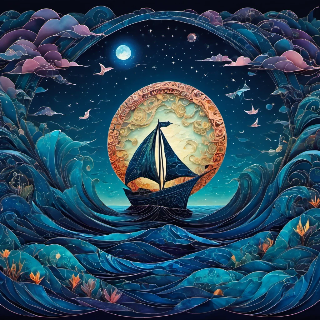 (best quality, highres, ultra sharp), magical ((reflections on the water)), moon, clouds, small ship, about the curvature of space time, origami sea, zentangle lines, art decostyle ship, full colored, 3d crunch, dark tones,