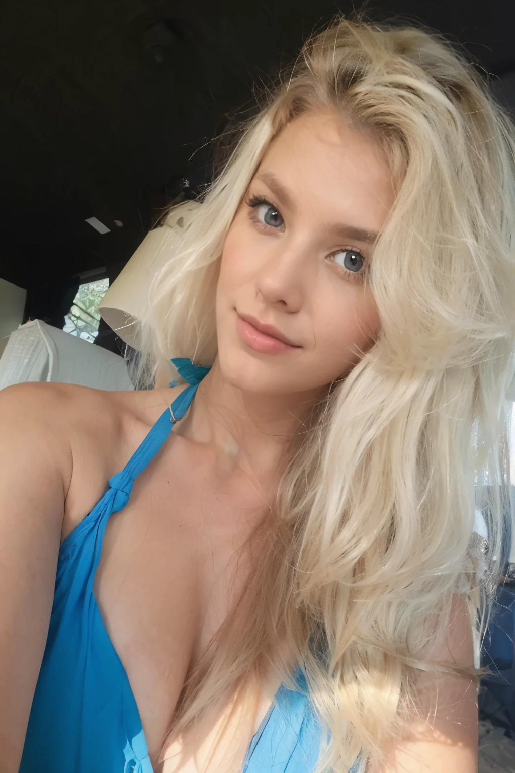 1girl in, age19, Allein, lange Haare, Kolossal , Betrachter betrachten, blondes Haar, nackten Schultern, blaue Augen, Juwelier, nur Gesicht , realistisch, Eine sexy, im Auto, mit Bikini , nice