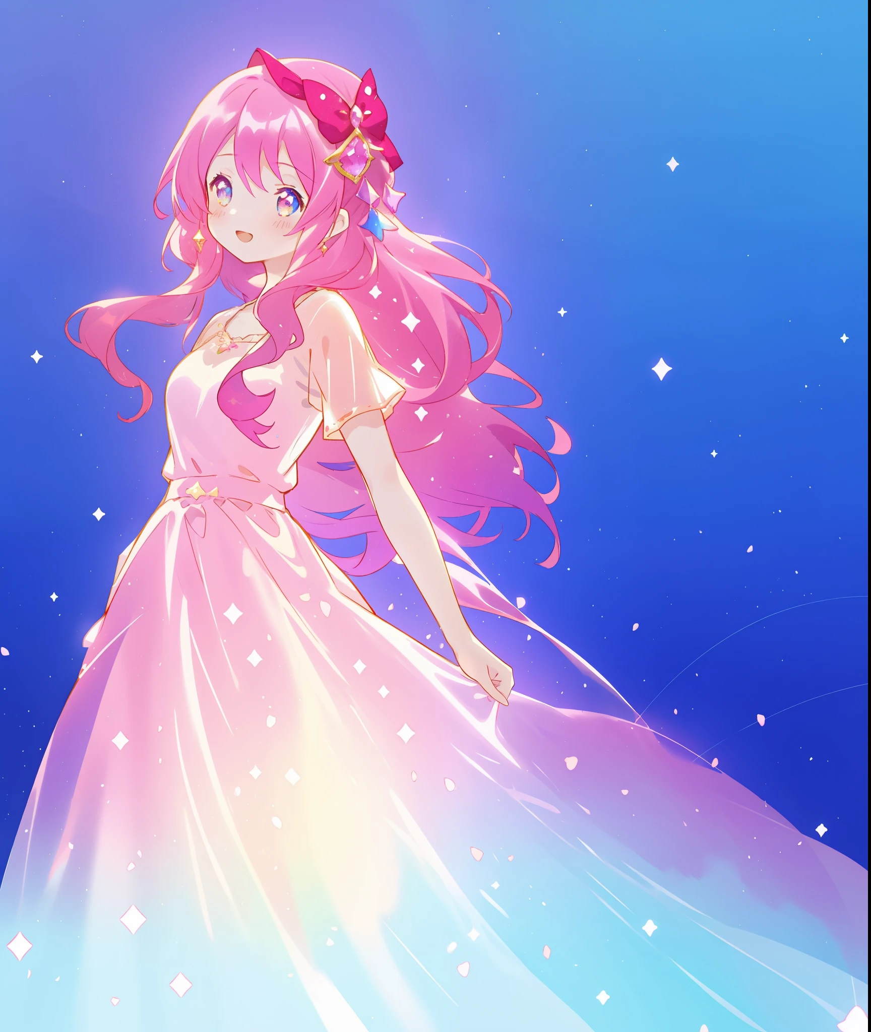 beautiful girl in sparkling gradient layered fantasy ballgown, long flowing dark pink hair, colorful fantasia background, watercolor illustration, disney art style, glowing aura around her, glowing lights, beautiful digital illustration, beautiful, masterpiece, best quality, anime disney style