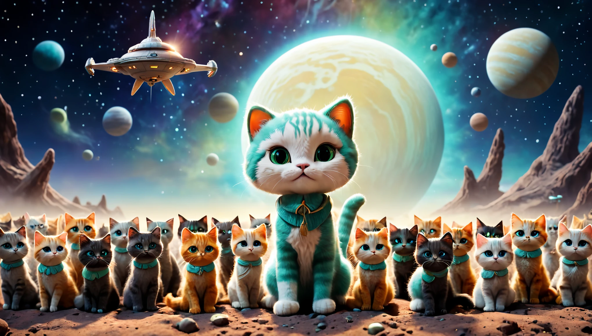 40 cats and starship and the inhabitants of a terrible planet, cinematic, studio soft lighting, pastel colors, ultra-high resolution, ultra-high quality.