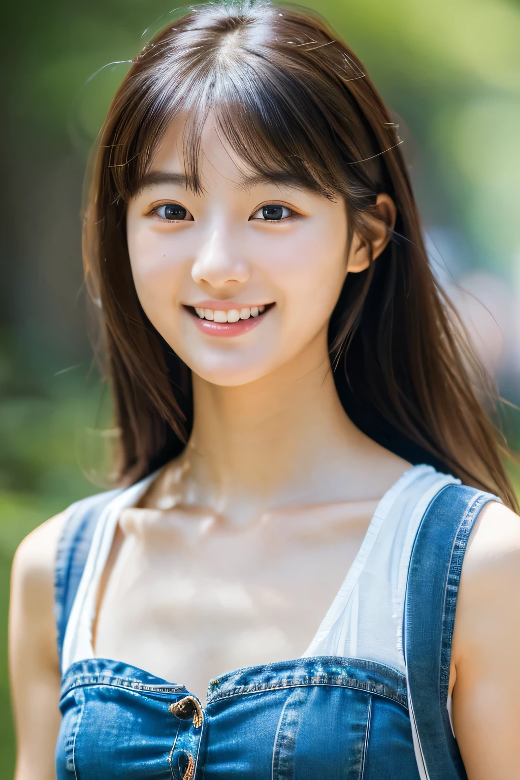 masterpiece, highest quality, Photoreal, Super detailed, finely, High resolution, 8k wallpaper, Professional, Advanced level of detail, Female college student enjoying hiking, slender Japanese woman, ((facing the front)), detailed clavicle, Medium chest、perfect face, medium long hair, style like a model、denim mini skirt、gentle smile