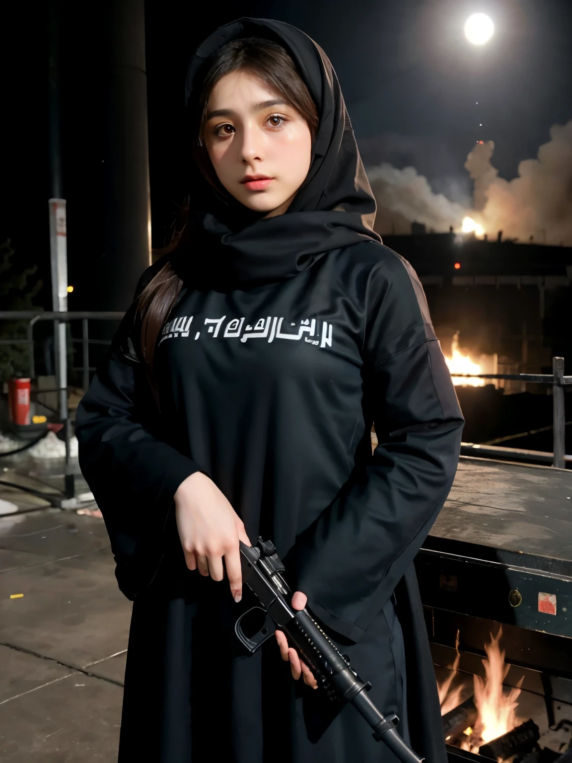 （photograph）A cute girl from a terrorist organization&#39;s Islamic extremist group wearing a chador holds a machine gun.、A huge fire breaks out at a concert venue in Moscow、、Moonlight night、calm expression