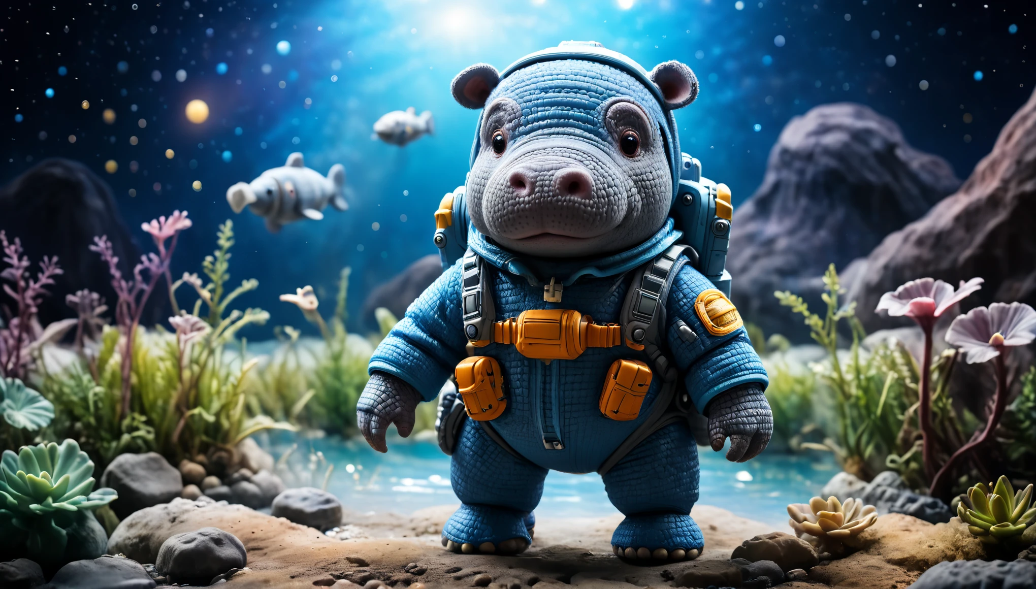 A cute hippopotamus in a blue spacesuit and starship and the inhabitants of a terrible planet, cinematic, studio soft lighting, pastel colors, ultra-high resolution, ultra-high quality.