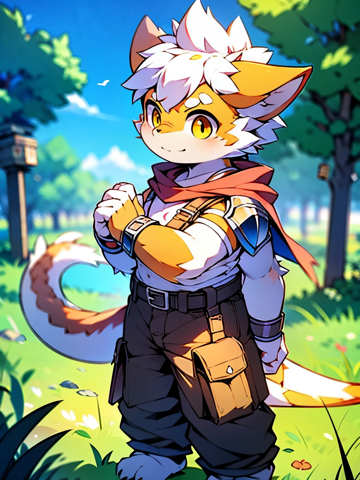 a picture，alone，Pastel style，adventure animation style，strong，warrior，male，juvenile，dragon，skin，Brown cape，explorer clothing，White cloth armor，Metal wristband，Metal shin guards，golden eyes，dragon尾（White hairs on the tip），adventurer，black belt，Brown pants，8k HD