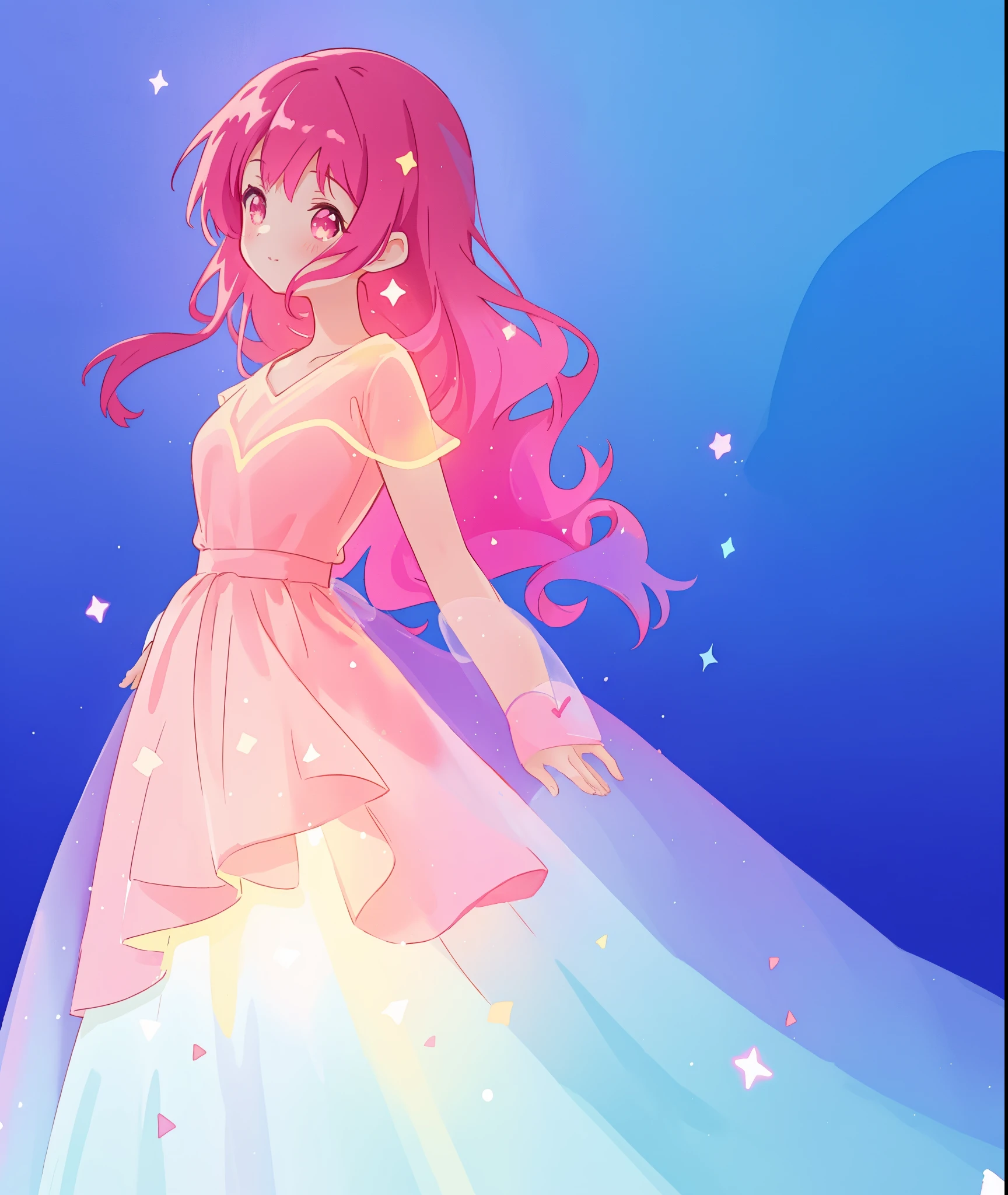 beautiful girl in sparkling flowing gradient layered ballgown, long flowing dark pink hair, colorful fantasia background, watercolor illustration, disney art style, glowing aura around her, glowing lights, beautiful digital illustration, beautiful, masterpiece, best quality, anime disney style