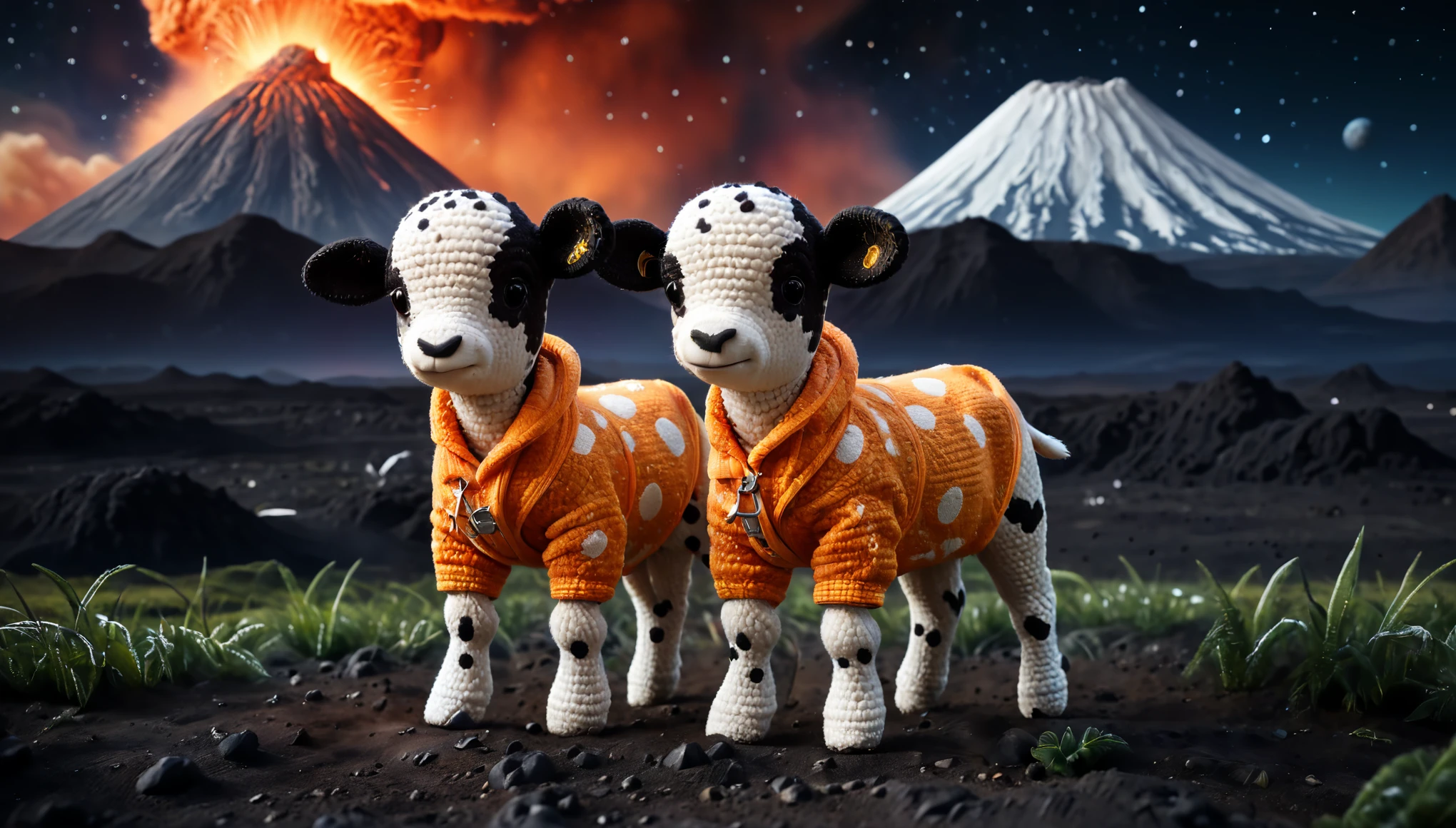 Two cute calves in spotted jackets are running to the left on the surface of a terrible planet, a small spaceship stands nearby, and an erupting volcano is far in the background. The sky is black, realistic stars and one comet,  cinematic, studio soft lighting, pastel colors, ultra-high resolution, ultra-high quality.