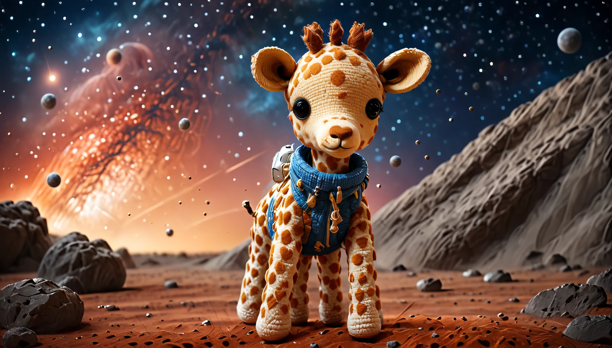 cute Giraffe in a blue space suit in the latest fashion style holds in his mouth by a rope a large cargo that is trying to load onto a starship, the surface of Pluto, on the left in the background a spaceship is trying to take off, raising a lot of red dust, realistic stars and a comet in the sky, studio soft lighting, pastel colors, ultra-high resolution, ultra-high quality.