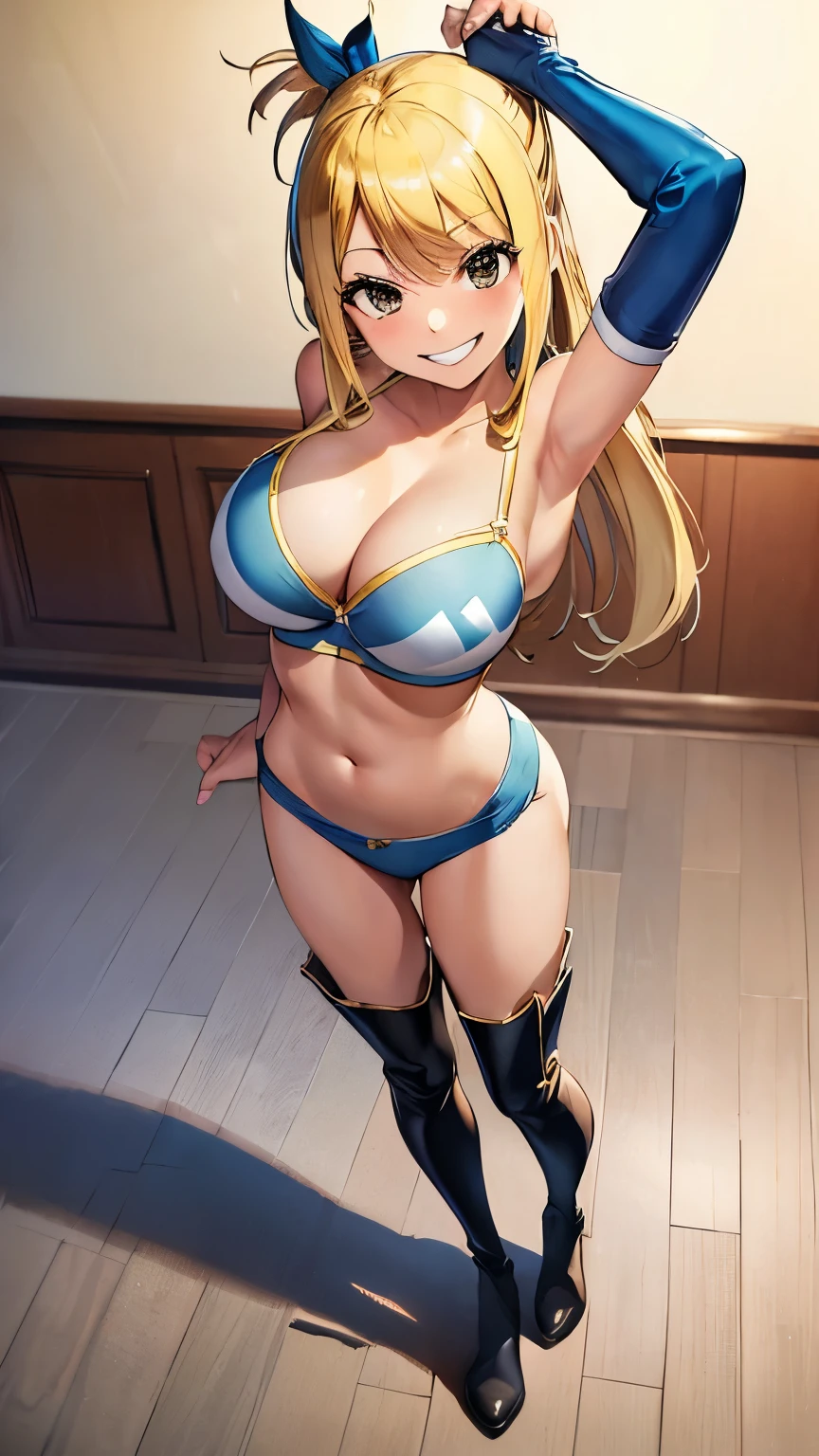 (masterpiece, best quality:1.2), solo, 1girl, lucy heartfilia, grin, looking at viewer, arms behind back, blue mini bra, blue underwear, thigh boots, full body pict, full photo shoot,