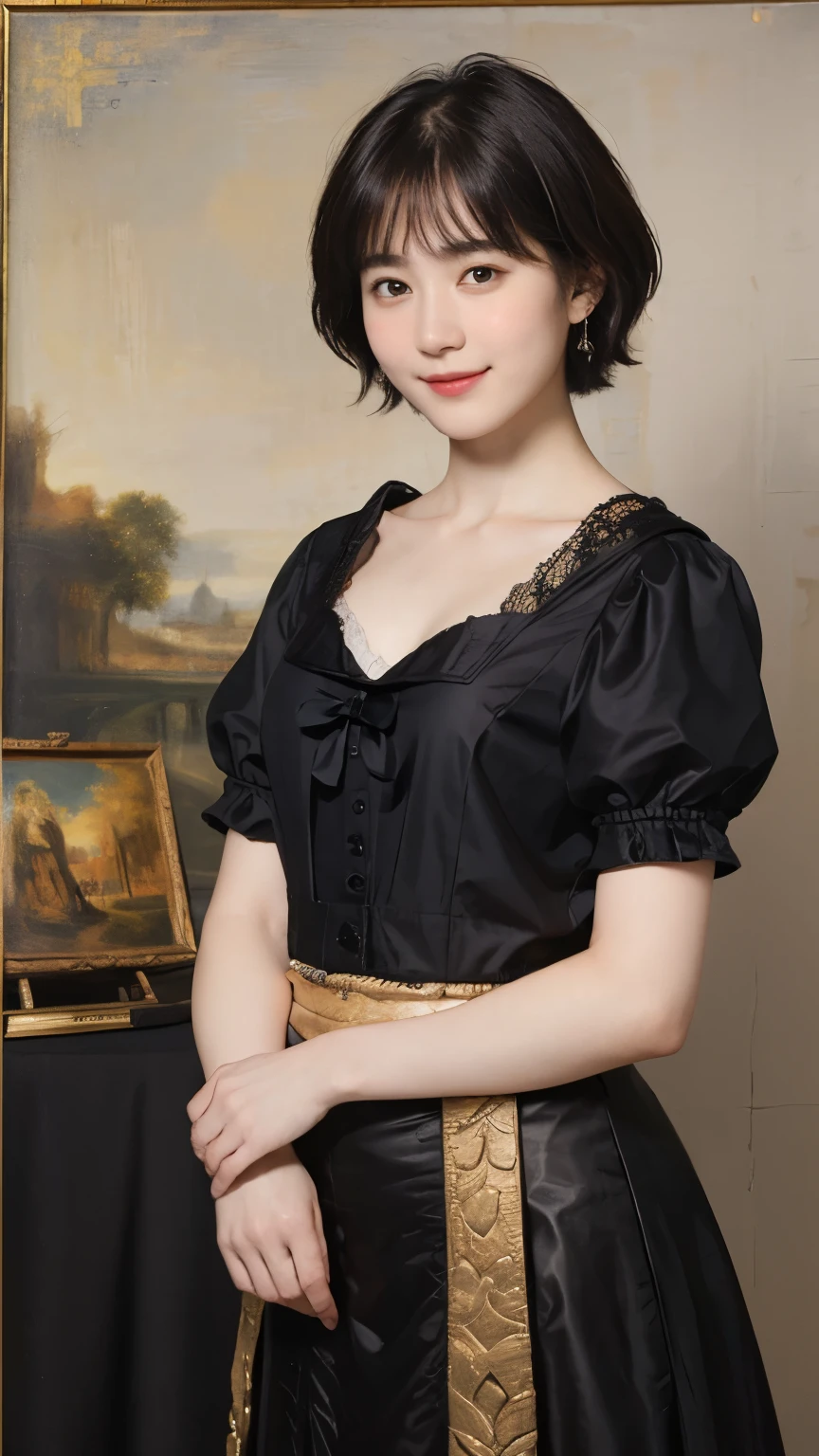185 short hair, 20 year old female, gentle smile, (rembrandt style painting), (chest:1.46), long skirt

