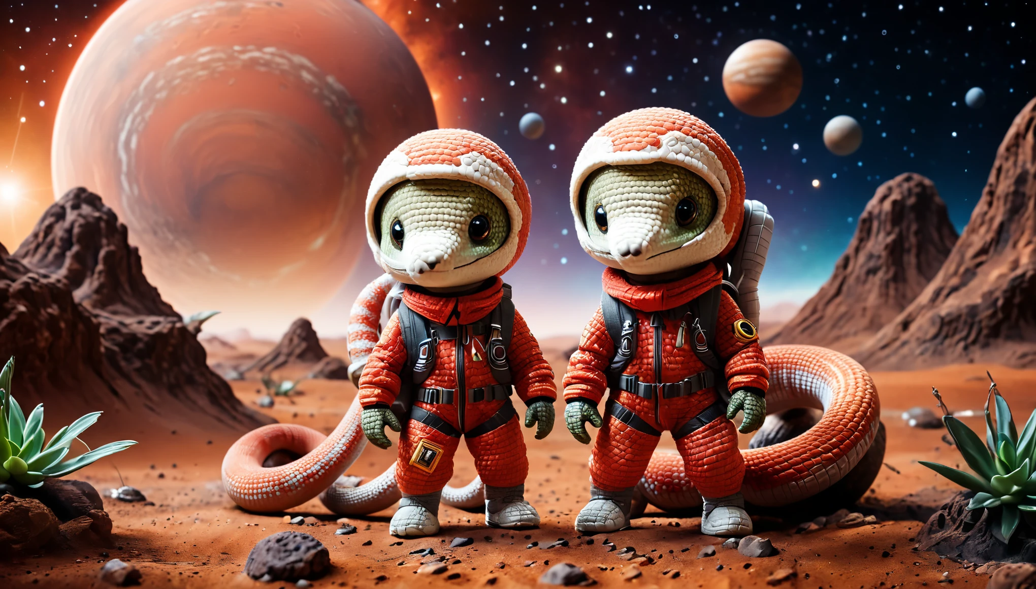 A little cute snake in a red spacesuit, in casual sports shoes, is trying to climb onto a spaceship standing on the surface of Mars, in the background there is another large spaceship, a sky full of stars and planets, studio soft lighting, ultra-high resolution, ultra-high quality.