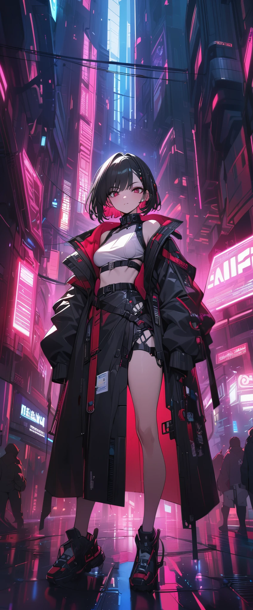 a pretty woman, shorthair, belt, black hair, black long coat, dark red eyes, cyberpunk, cool, ultra detailed, 8k, masterpiece
