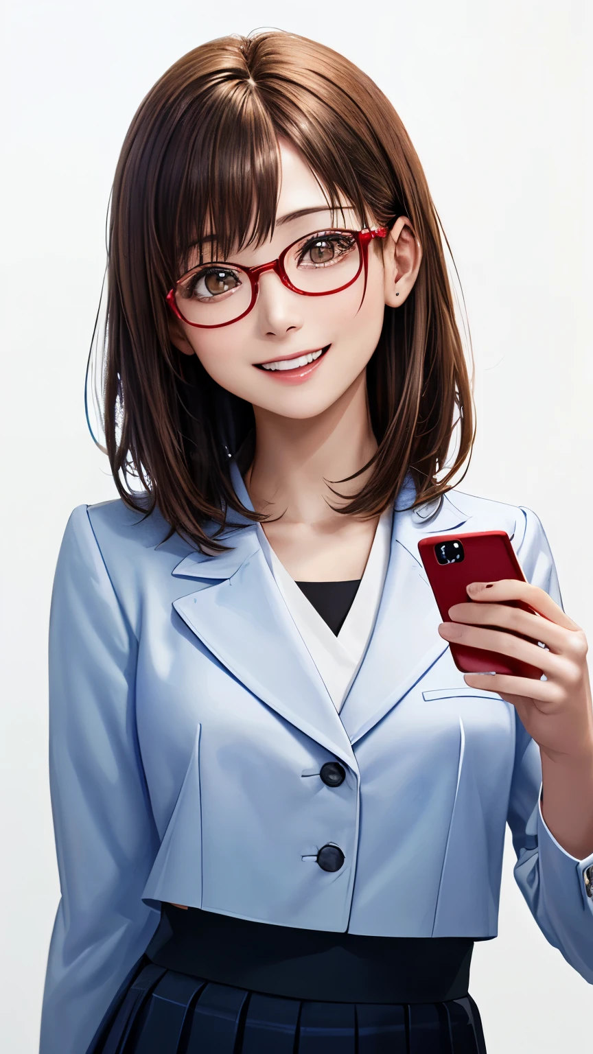 Anime girl with glasses holding a cell phone and smiling - SeaArt AI