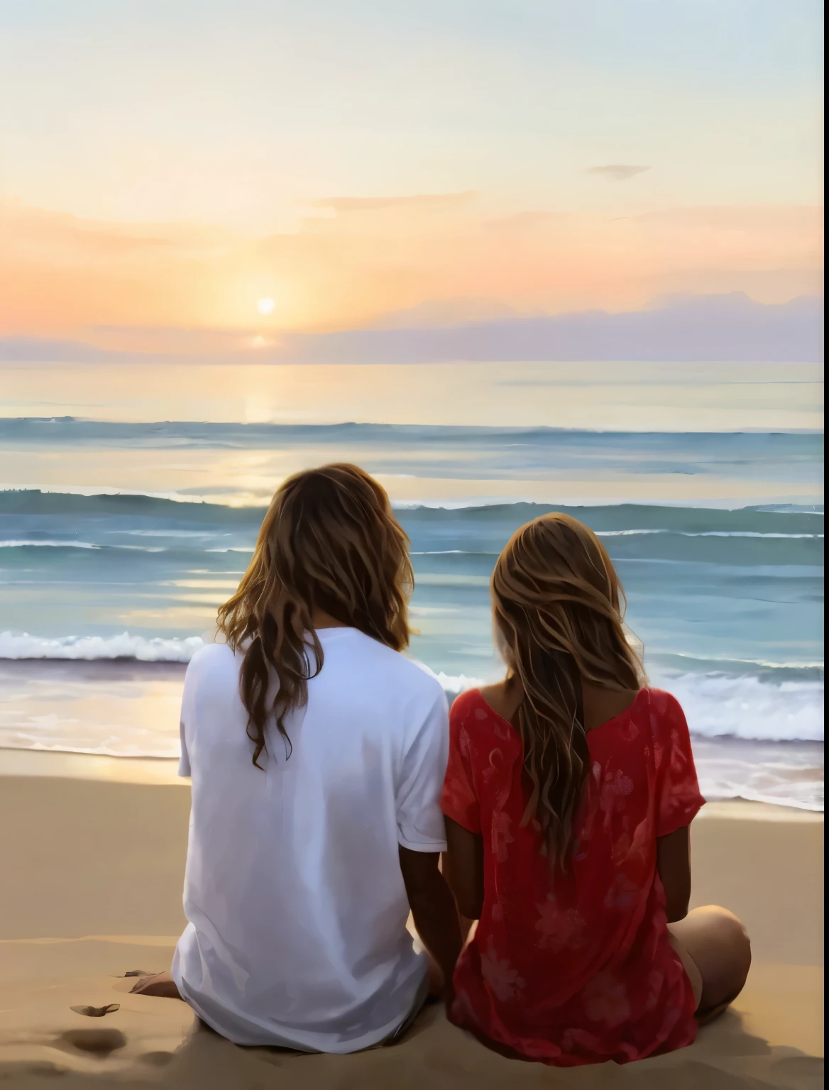 um casal sentado na areia da praia, apreciando o por do sol, the woman rests her head on the shoulders of her partner next to her feeling great relief. the man hugs his partner. olhando para o horizonte , (cenario um por do sol cores vibrantes amarelo alaranjado.
