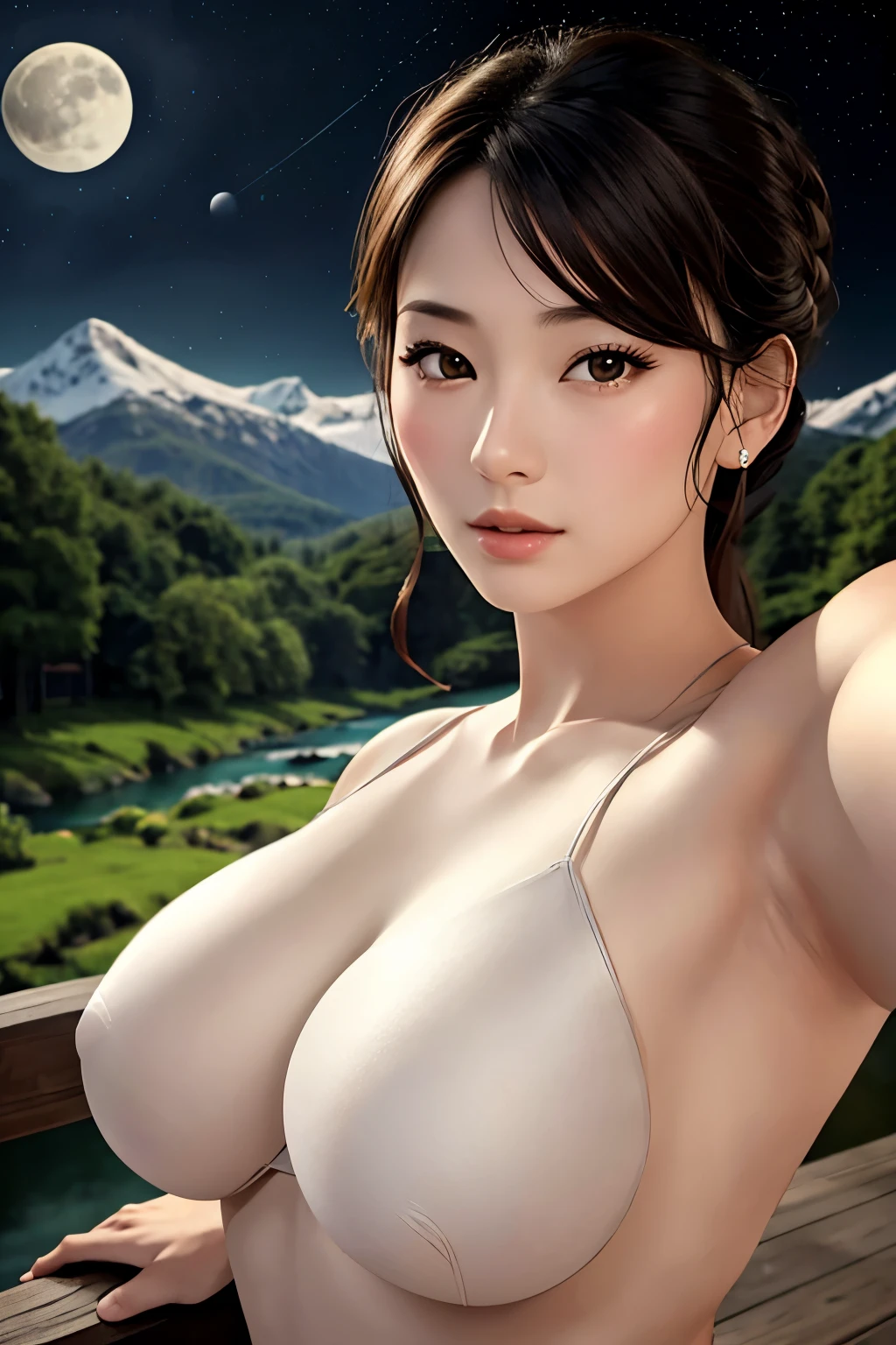 1 beautiful young asian woman and a hummingbird kissing her cheek ((upper body selfie, happy)), masterpiece, best quality, ultra-detailed, ground, outdoor, (night), mountains, nature, (stars, moon) cheerful, happy, forest, stones, river, wood, smoke, shadows, contrast, clear sky, style, (warm tone, warm tone): 1.2), close-up, cinematic light, side lighting, ultra high resolution, best shadow, RAW, upper body, realistic style