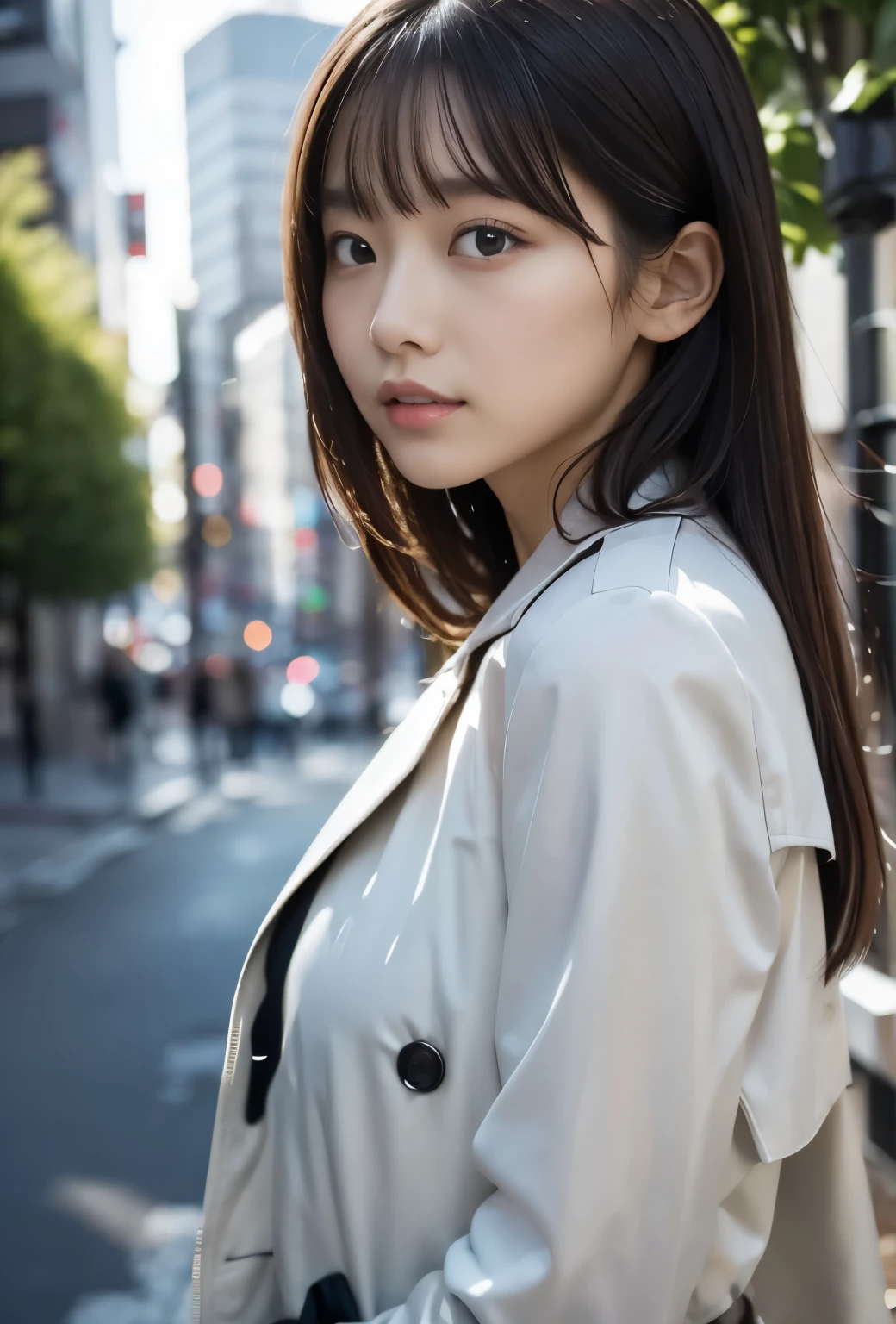 (((City of the Day:1.3, outdoor, Photographed from the front))), ((long hair:1.3,trench coat,one piece,japanese woman, cute)), (clean, natural makeup), (highest quality, masterpiece:1.3, 超High resolution), (Super detailed, caustics), (realistic:1.4, RAW shooting), very detailed, High resolution, 16K resolution