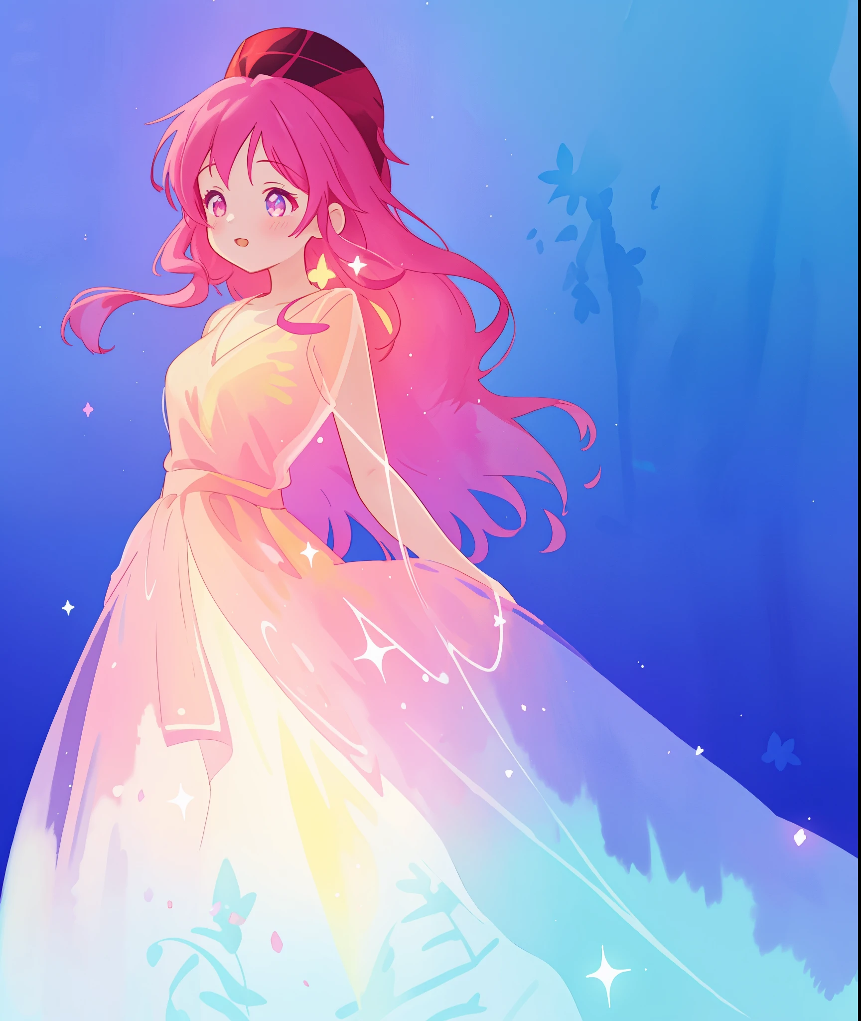 beautiful girl in sparkling flowing gradient layered liquid dress, long flowing dark pink hair, colorful fantasia background, watercolor illustration, disney art style, glowing aura around her, glowing lights, beautiful digital illustration, fantasia otherworldly landscape plants flowers, beautiful, masterpiece, best quality, anime disney style