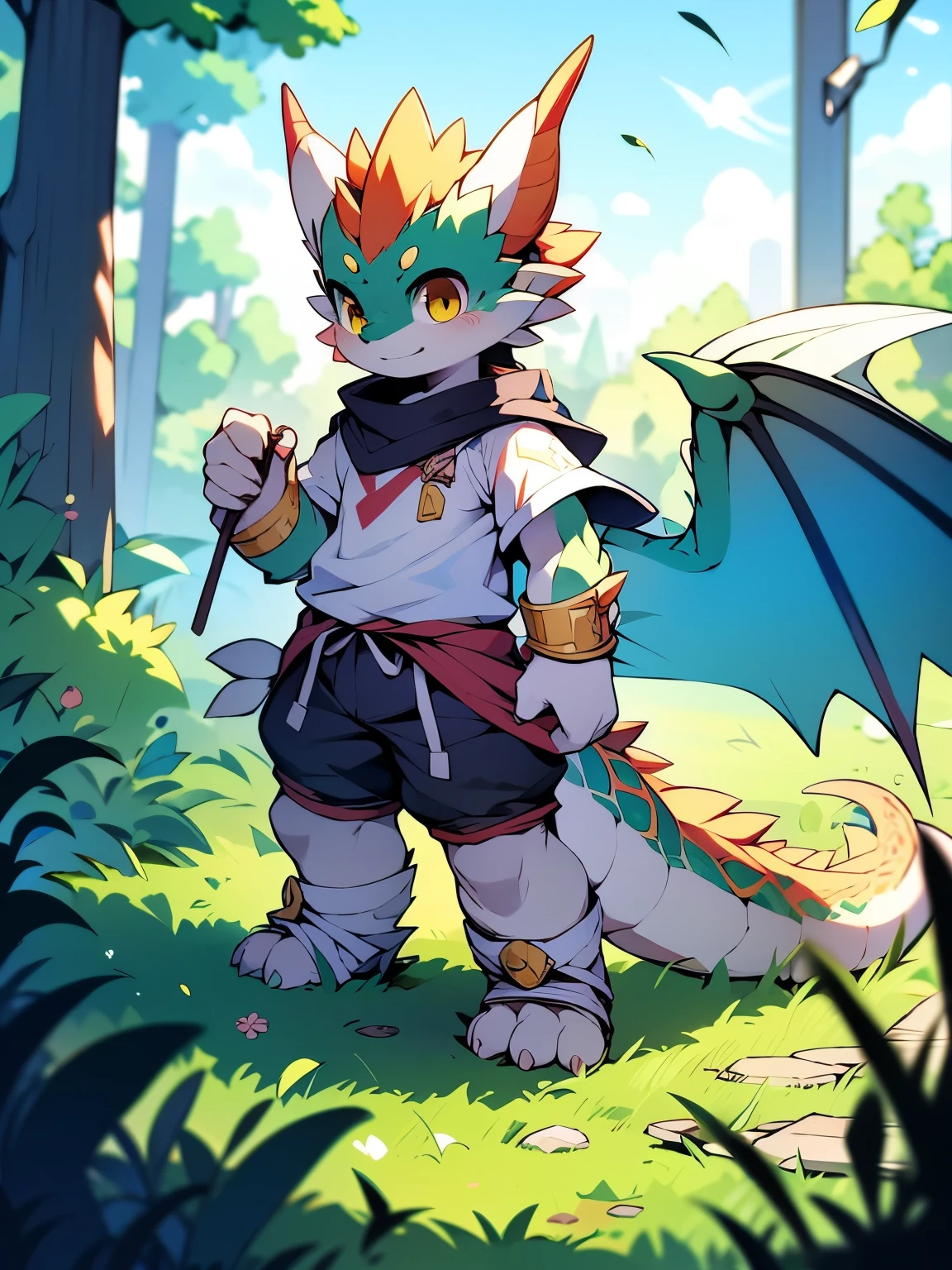 a picture，alone，Pastel style，adventure animation style，strong，warrior，male，juvenile，dragon，Brown cape，white armor，white shirt，Metal wristband，Metal shin guards，golden eyes，白色dragon角，dragon尾，adventurer，Brown shorts