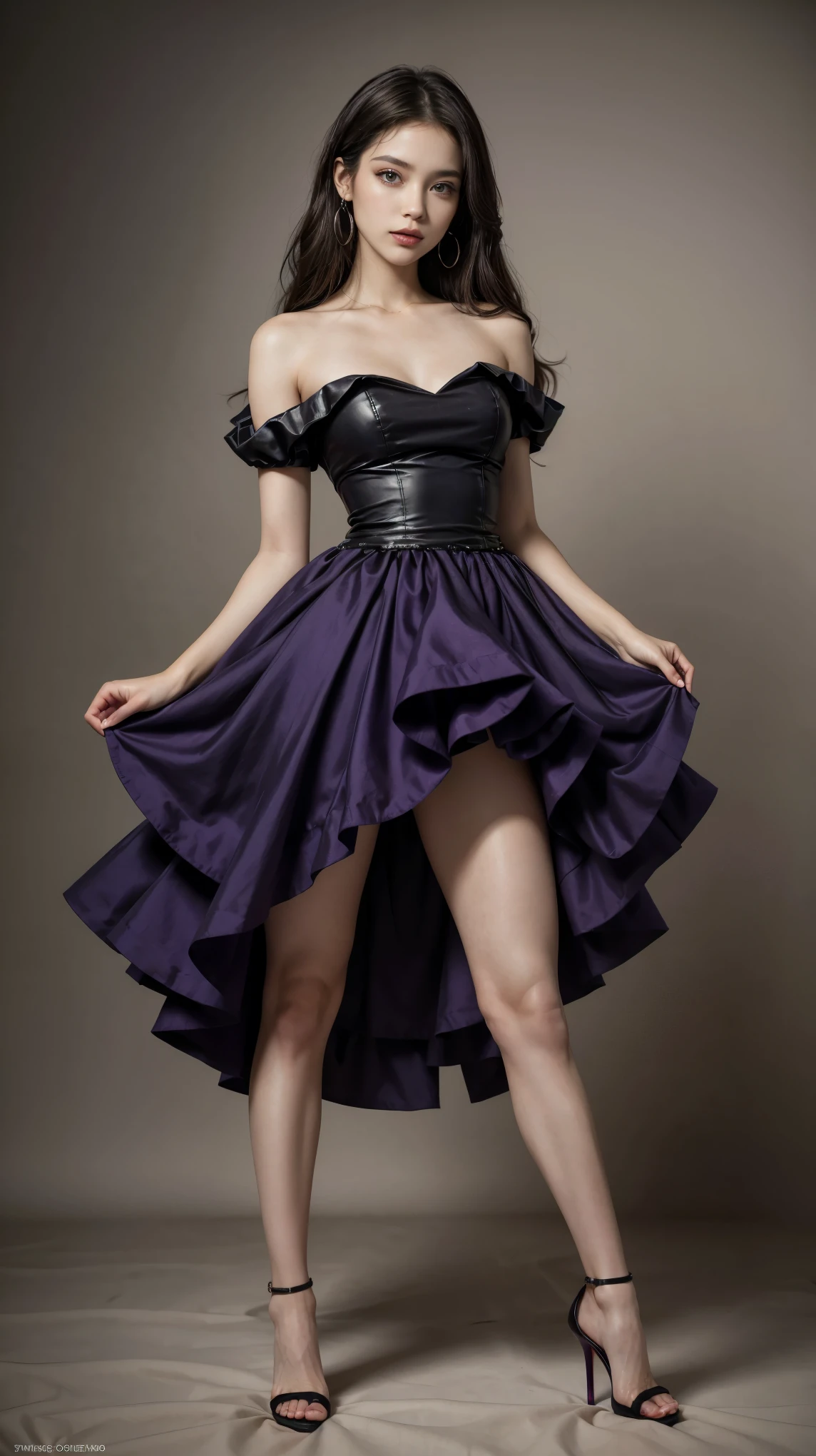 highest quality,masterpiece,ultra high resolution,(actual:1.4),original photo,ultra high resolution，8K，there is a woman，Fair skin，big waves，Collaboration miniskirt dress of medium purple and cool black:1.5，high heels，long legs:1.5，bright and beautiful，high waist，Fancy makeup with red eyeshadow，Large ring earrings，