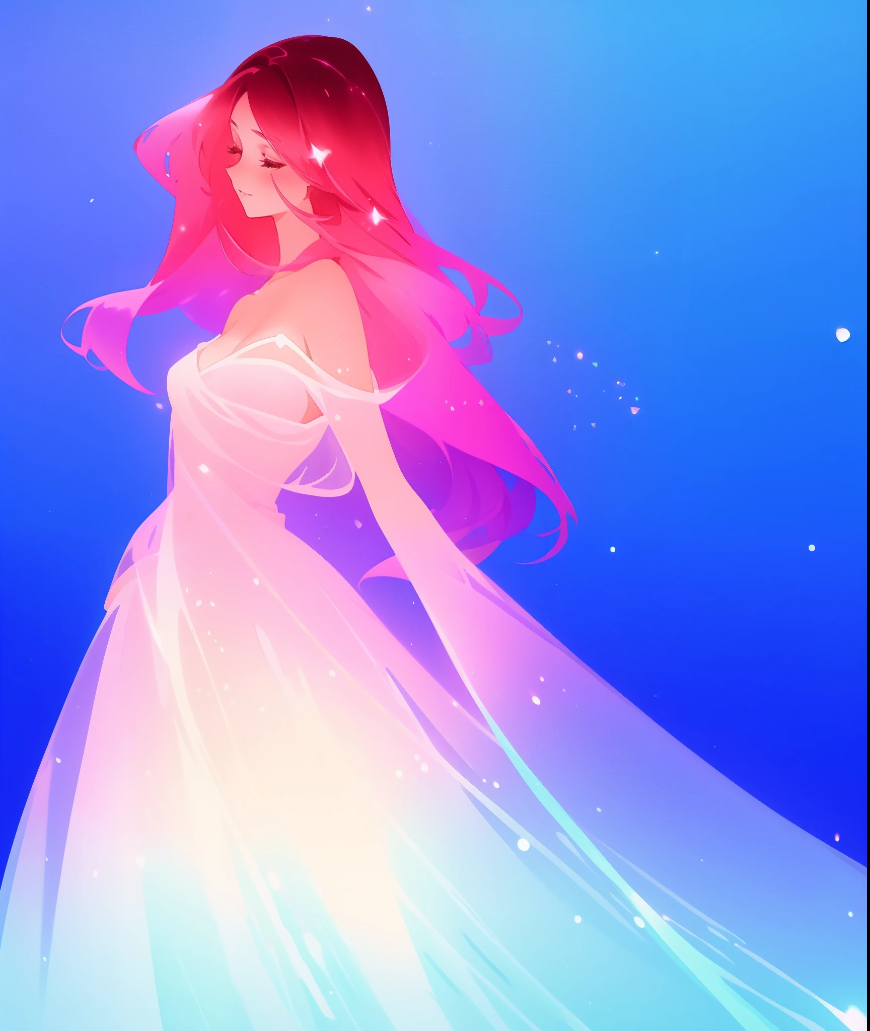 beautiful girl in sparkling flowing gradient layered liquid dress, long flowing dark pink hair, colorful fantasia background, watercolor illustration, disney art style, glowing aura around her, glowing lights, beautiful digital illustration, fantasia otherworldly landscape plants flowers, beautiful, masterpiece, best quality, anime disney style