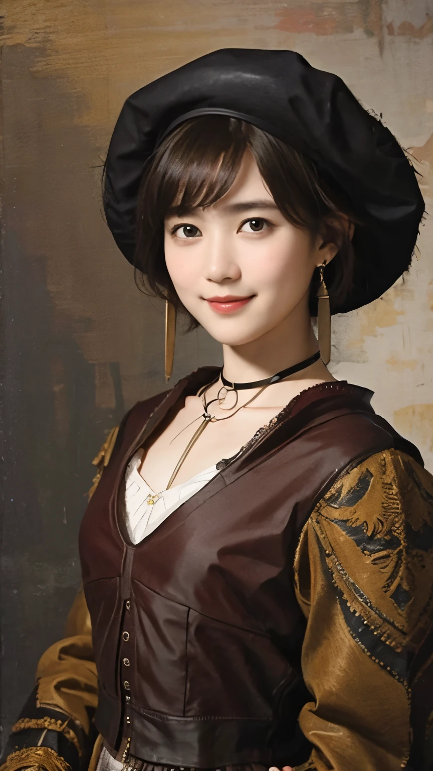 185 short hair, 20 year old female, gentle smile, (rembrandt style painting), (chest:1.46), long skirt