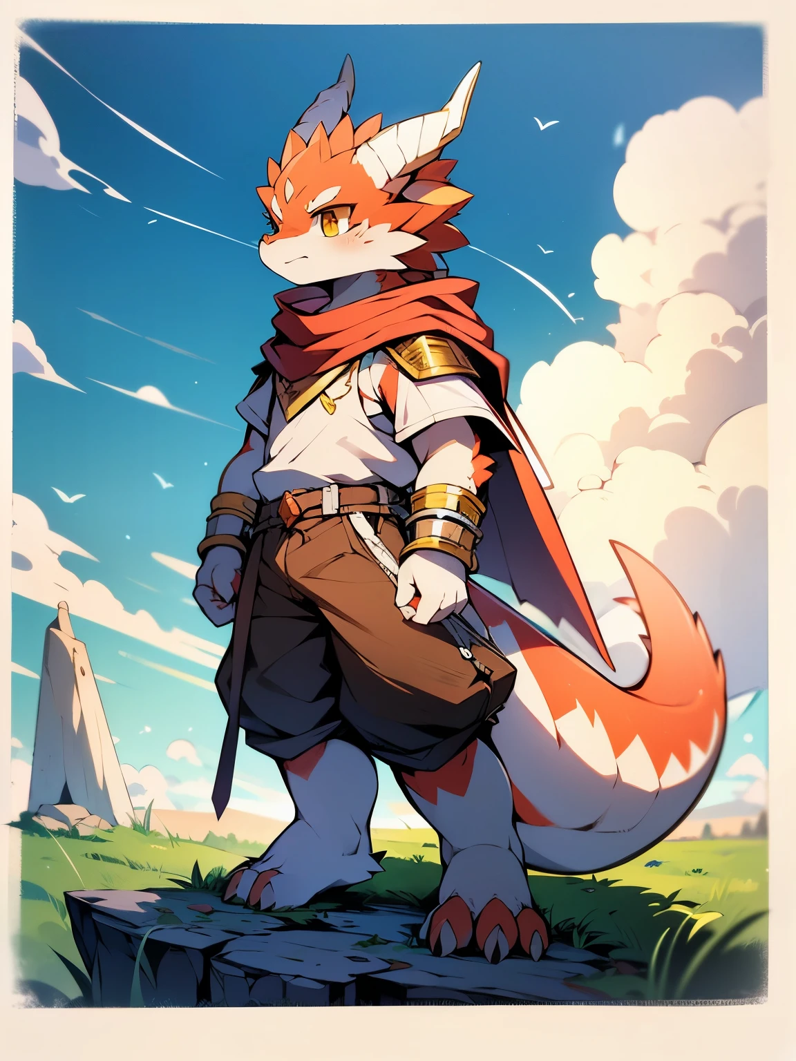 a picture，alone，strong，warrior，male，juvenile，dragon，Brown cape，White cloth armor，Metal wristband，golden eyes，白色dragon角，dragon尾，adventurer，Brown shorts