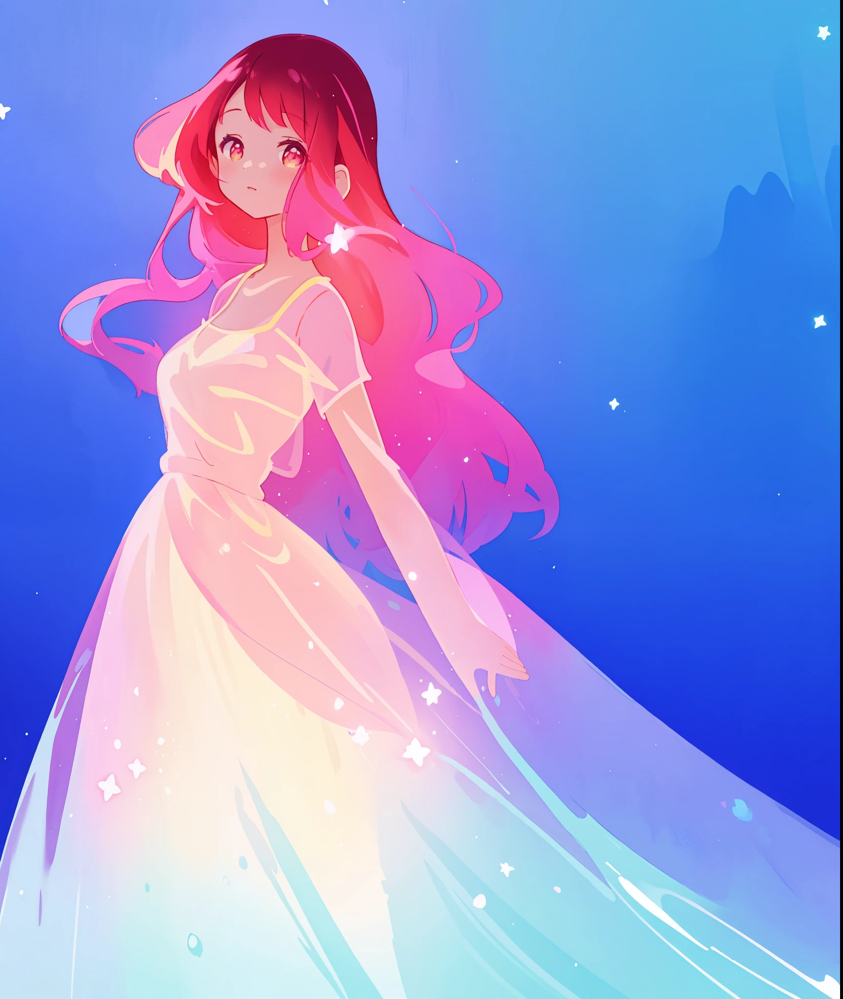 beautiful girl in sparkling flowing gradient layered liquid dress, long flowing dark pink hair, colorful fantasia background, watercolor illustration, disney art style, glowing aura around her, glowing lights, beautiful digital illustration, fantasia otherworldly landscape plants flowers, beautiful, masterpiece, best quality, anime disney style